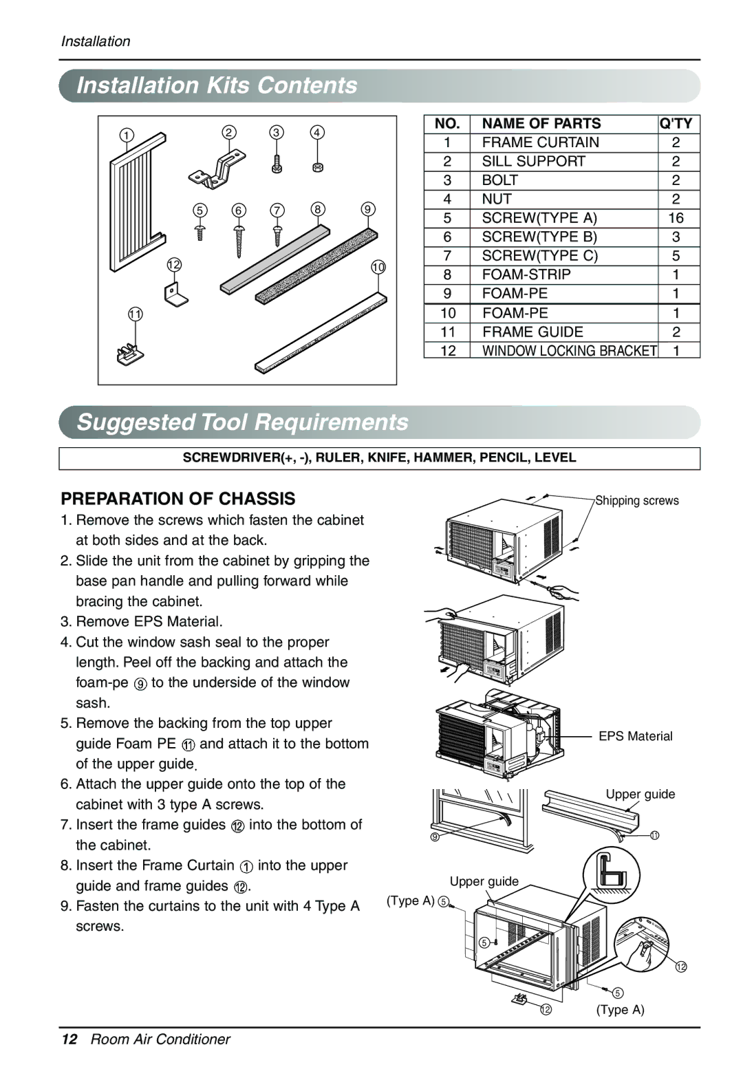 LG Electronics LWHD1200HR owner manual Installation Kits Contents, Suggested Tool Requirements 