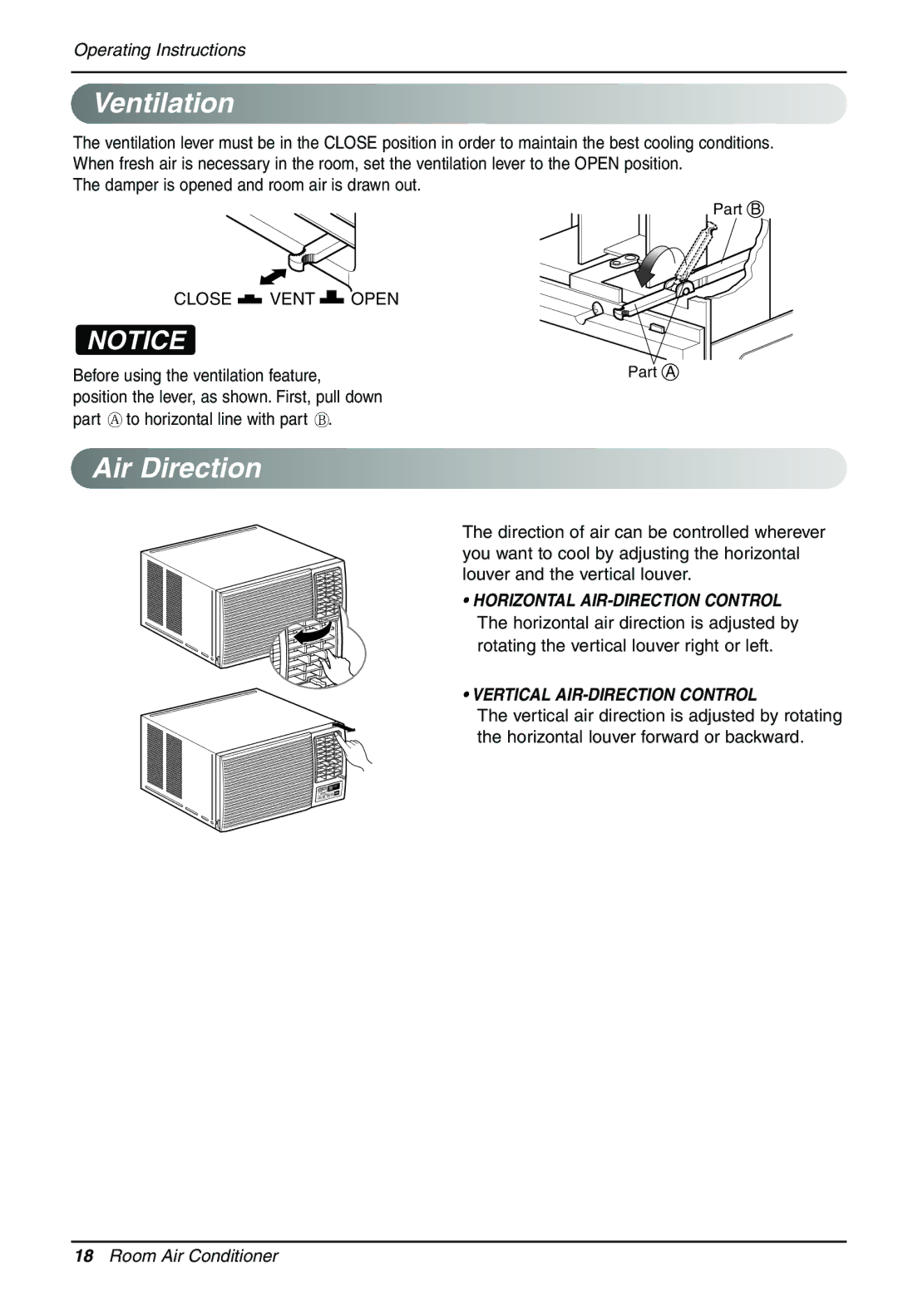 LG Electronics LWHD1200HR owner manual Ventilation, Air Direction, Damper is opened and room air is drawn out 