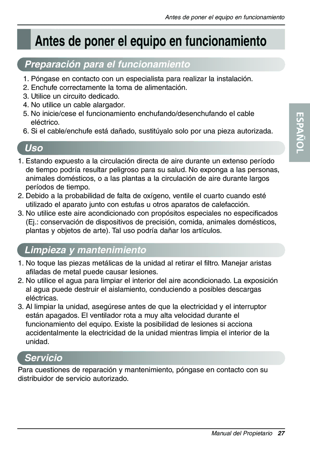 LG Electronics LWHD1200HR owner manual Preparación para el funcionamiento, Uso, Limpieza y mantenimiento, Servicio 