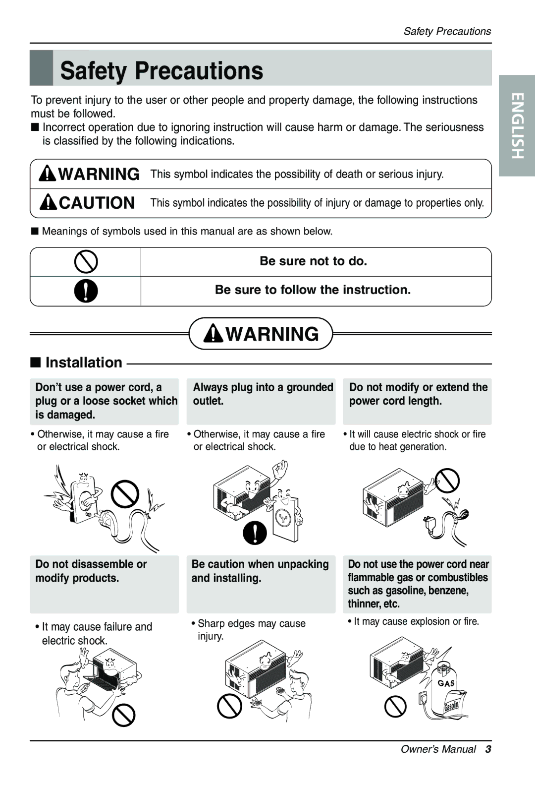 LG Electronics LWHD1200HR owner manual Safety Precautions, Don’t use a power cord, a Always plug into a grounded 