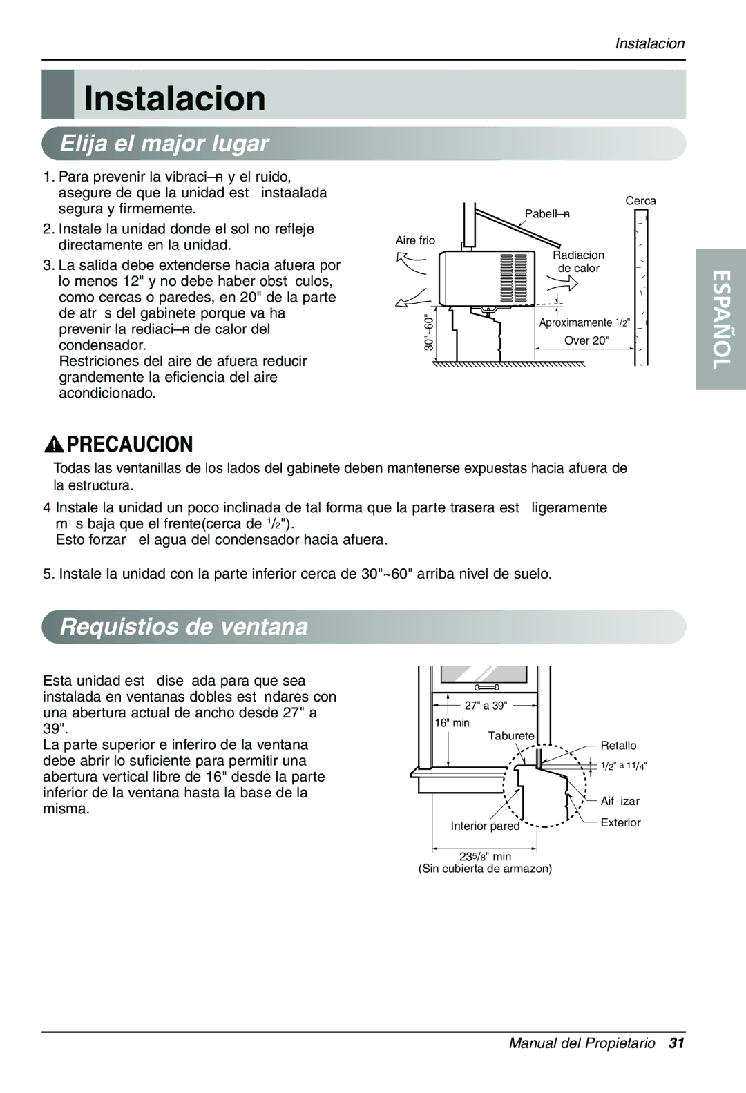 LG Electronics LWHD1200HR owner manual Instalacion, Requistios de ventana 