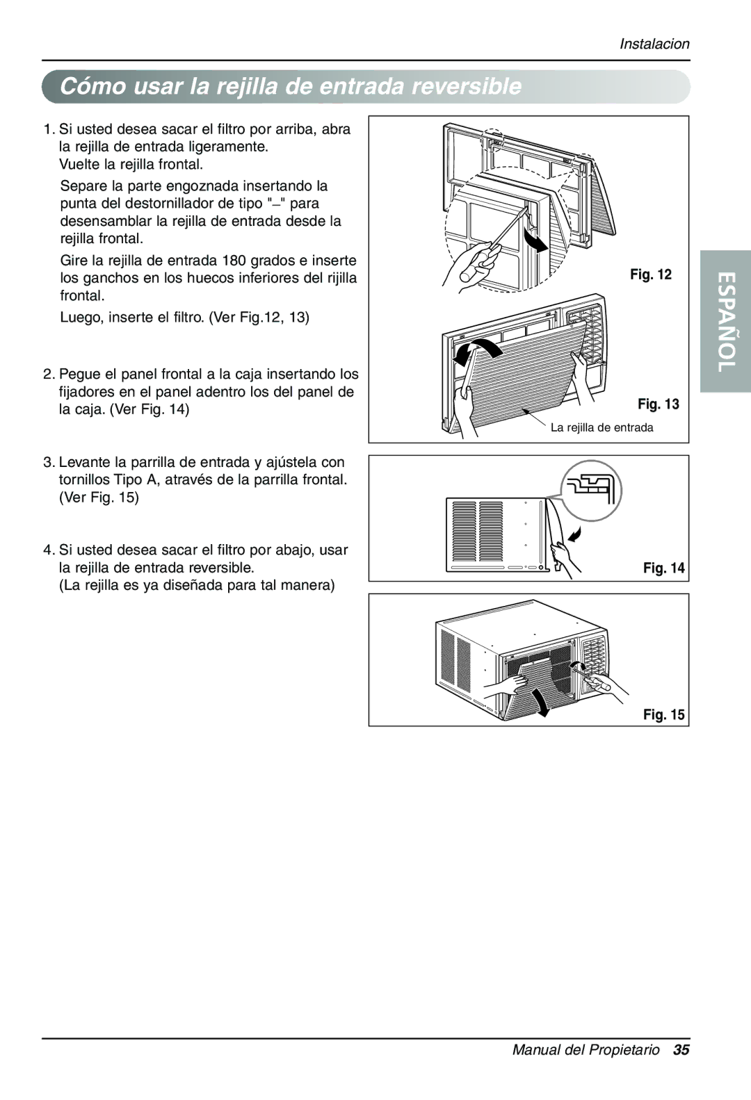 LG Electronics LWHD1200HR owner manual Cómo usar la rejilla de entrada reversible 