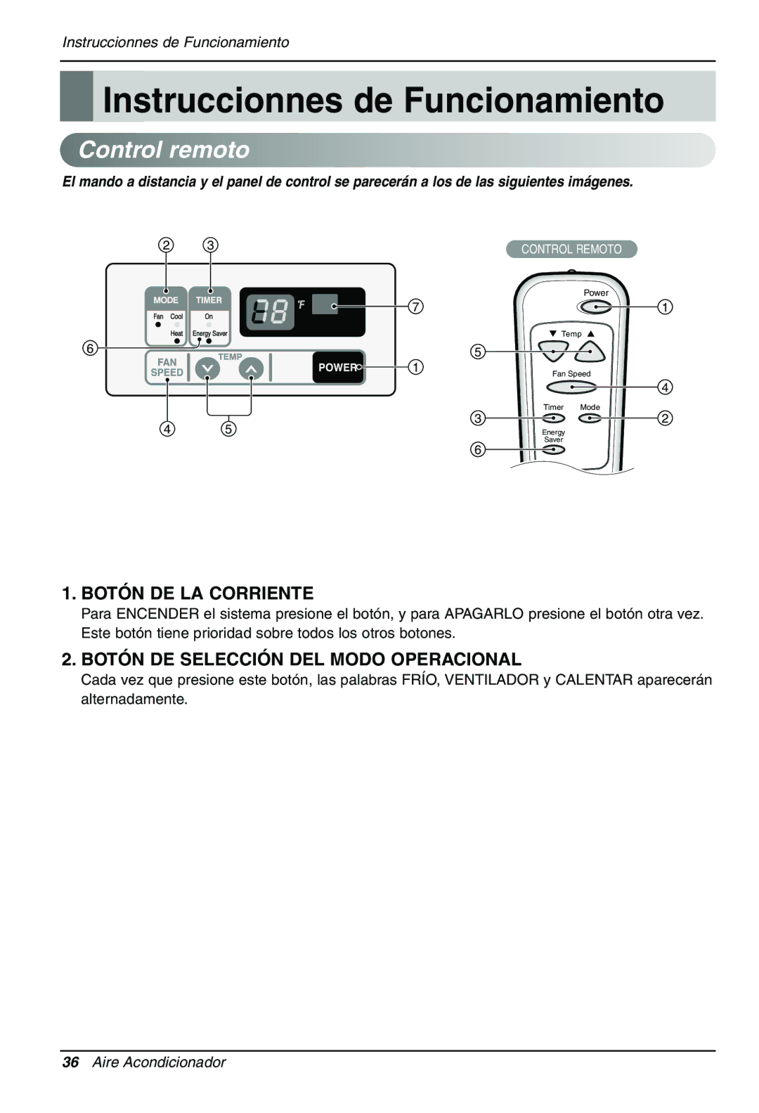 LG Electronics LWHD1200HR owner manual Instruccionnes de Funcionamiento, Control remoto, Botón DE LA Corriente 