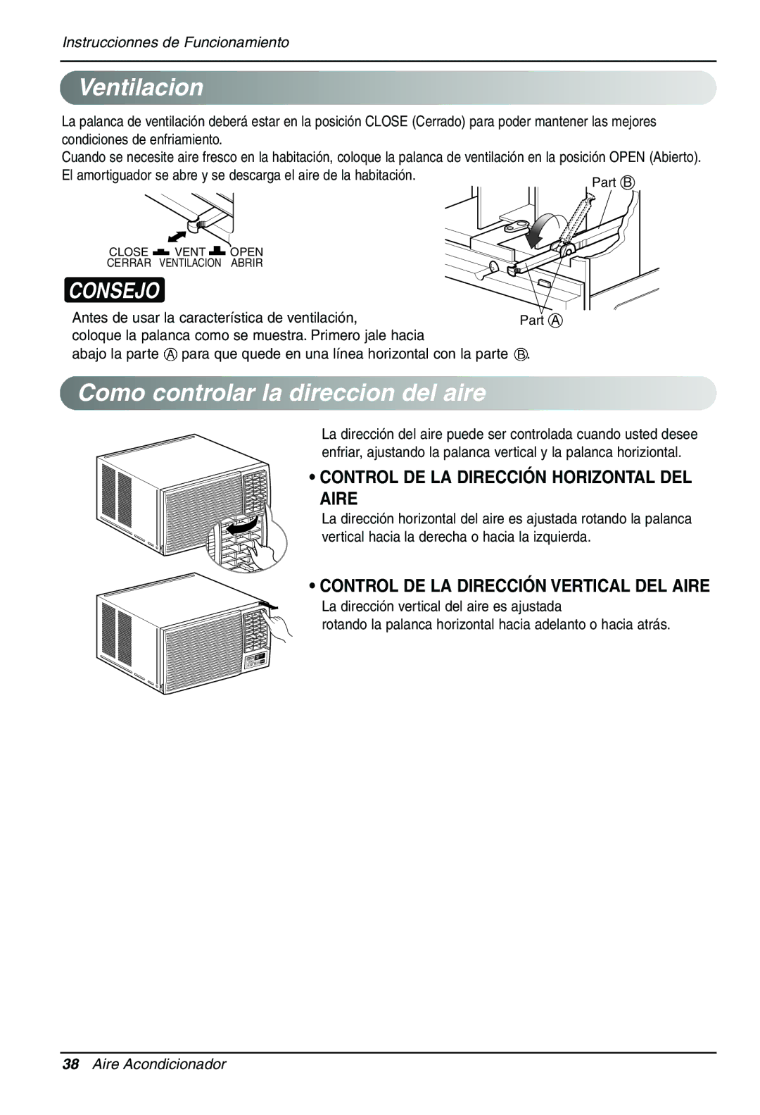 LG Electronics LWHD1200HR Ventilacion, Como controlar la direccion del aire, Control DE LA Dirección Horizontal DEL Aire 