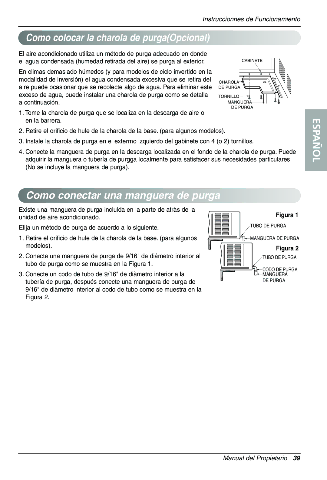 LG Electronics LWHD1200HR owner manual Como colocar la charola de purgaOpcional, Como conectar una manguera de purga 