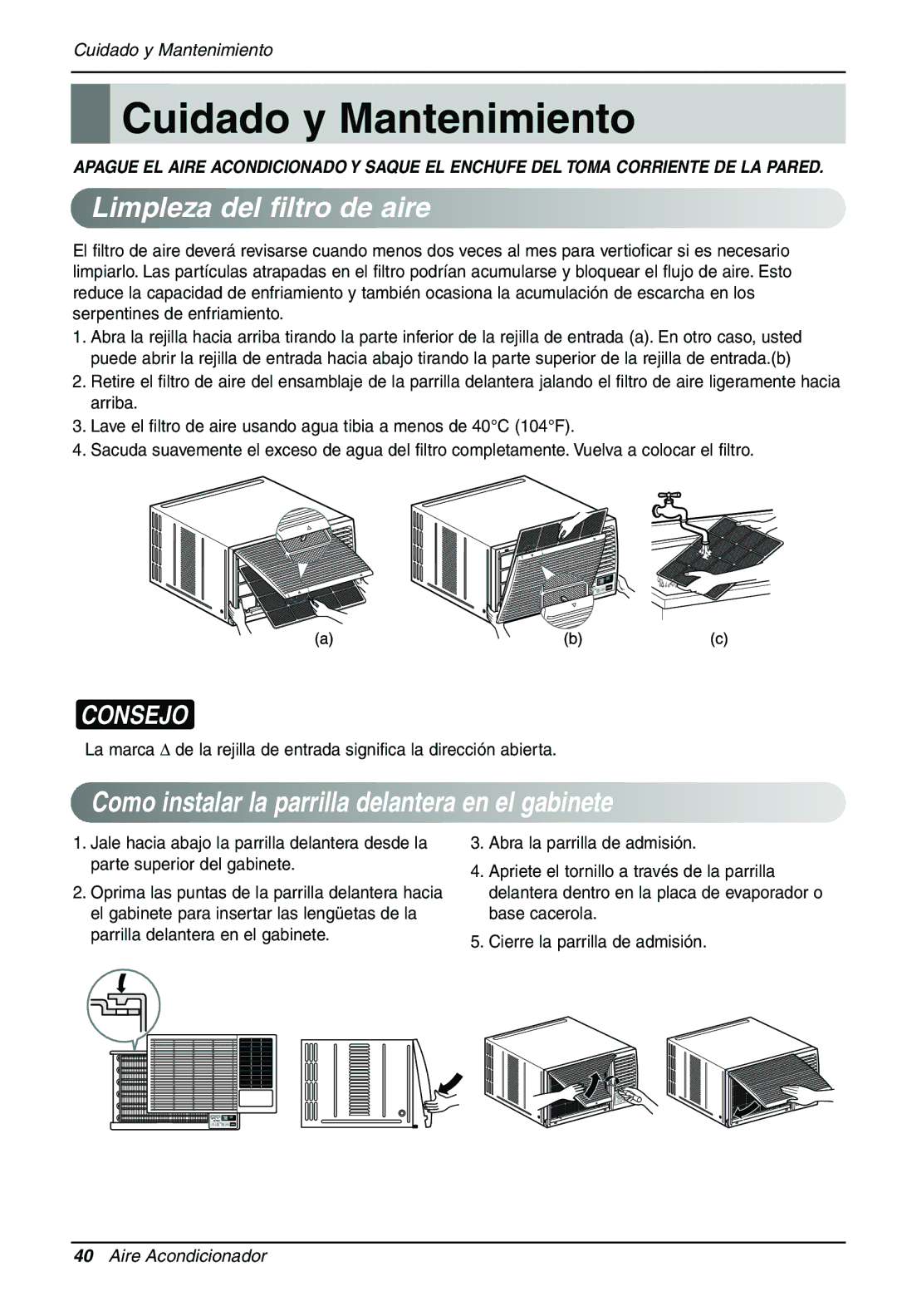 LG Electronics LWHD1200HR owner manual Cuidado y Mantenimiento, Limpleza del filtro de aire 