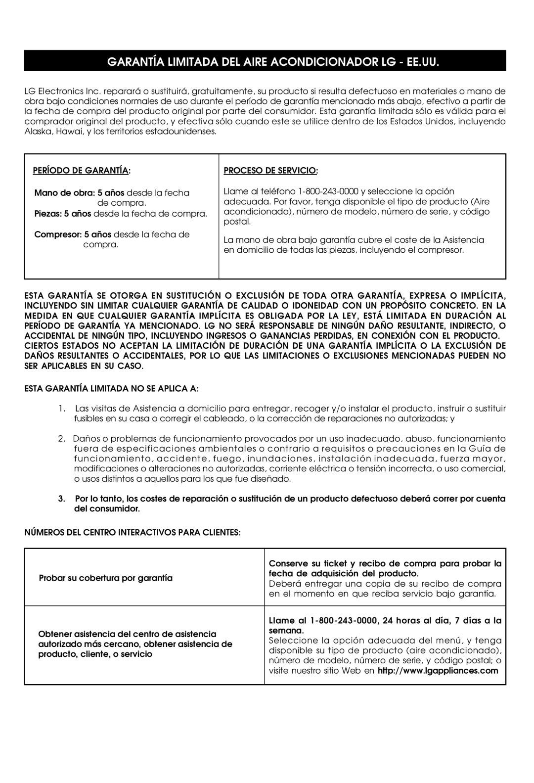 LG Electronics LWHD1200HR owner manual Garantía Limitada DEL Aire Acondicionador LG EE.UU 