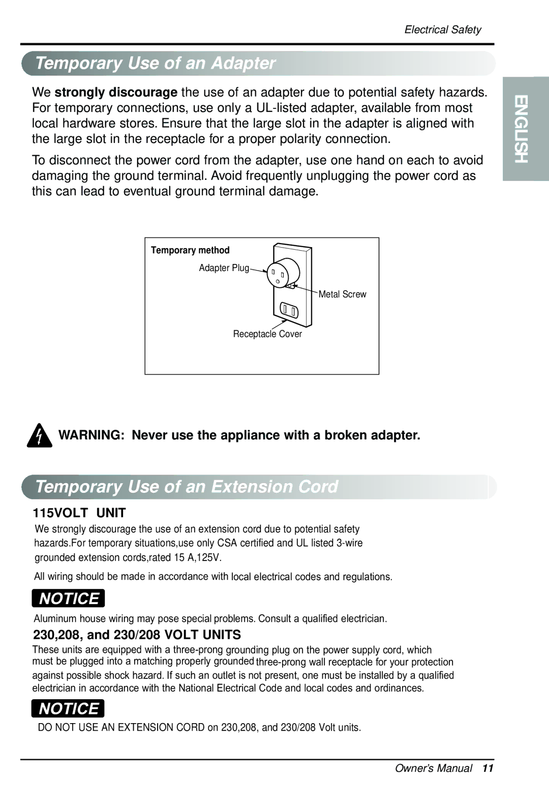 LG Electronics LWHD1200R Temporary Use of an Adapter, Temporary Use of an Extension Cord, 230,208, and 230/208 Volt Units 