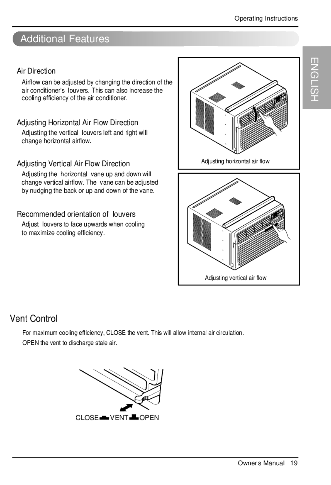 LG Electronics LWHD1200R owner manual Additional Features, Air Direction 