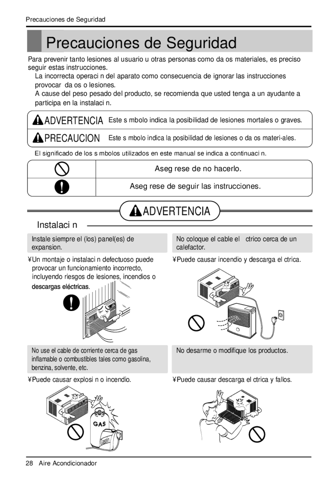 LG Electronics LWHD1200R owner manual Precauciones de Seguridad, Instale siempre el los paneles de expansion 