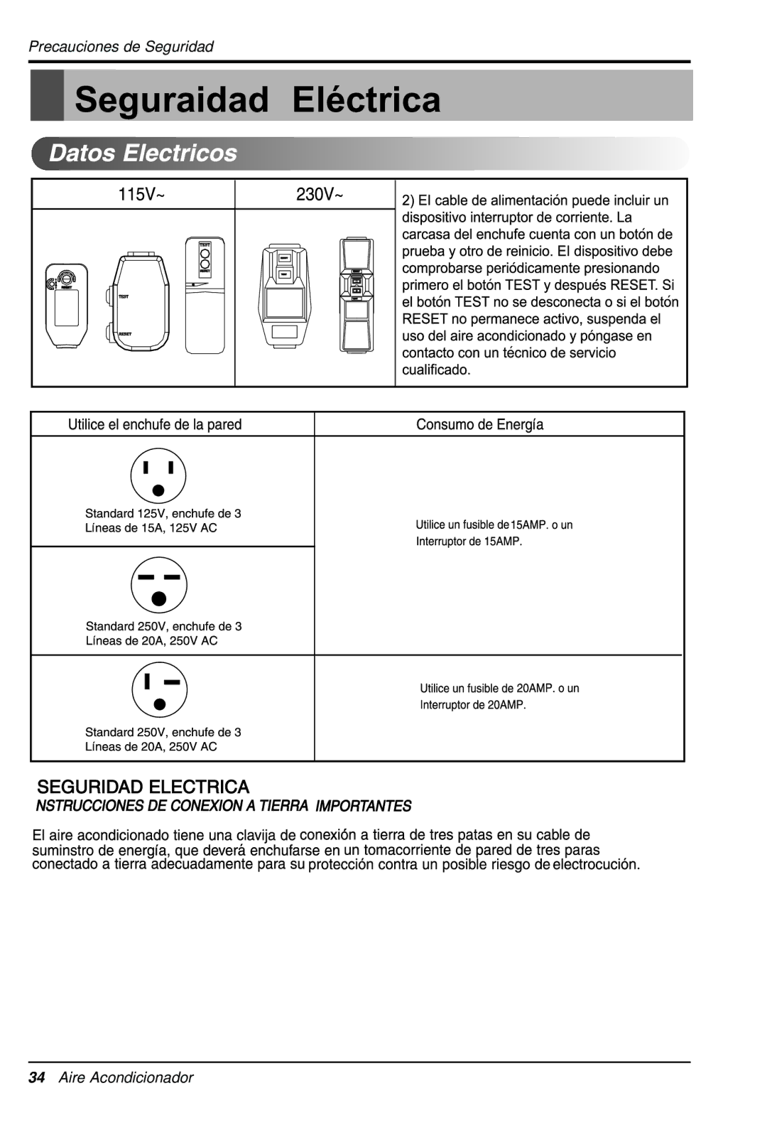 LG Electronics LWHD1200R owner manual Seguraidad Electrica 