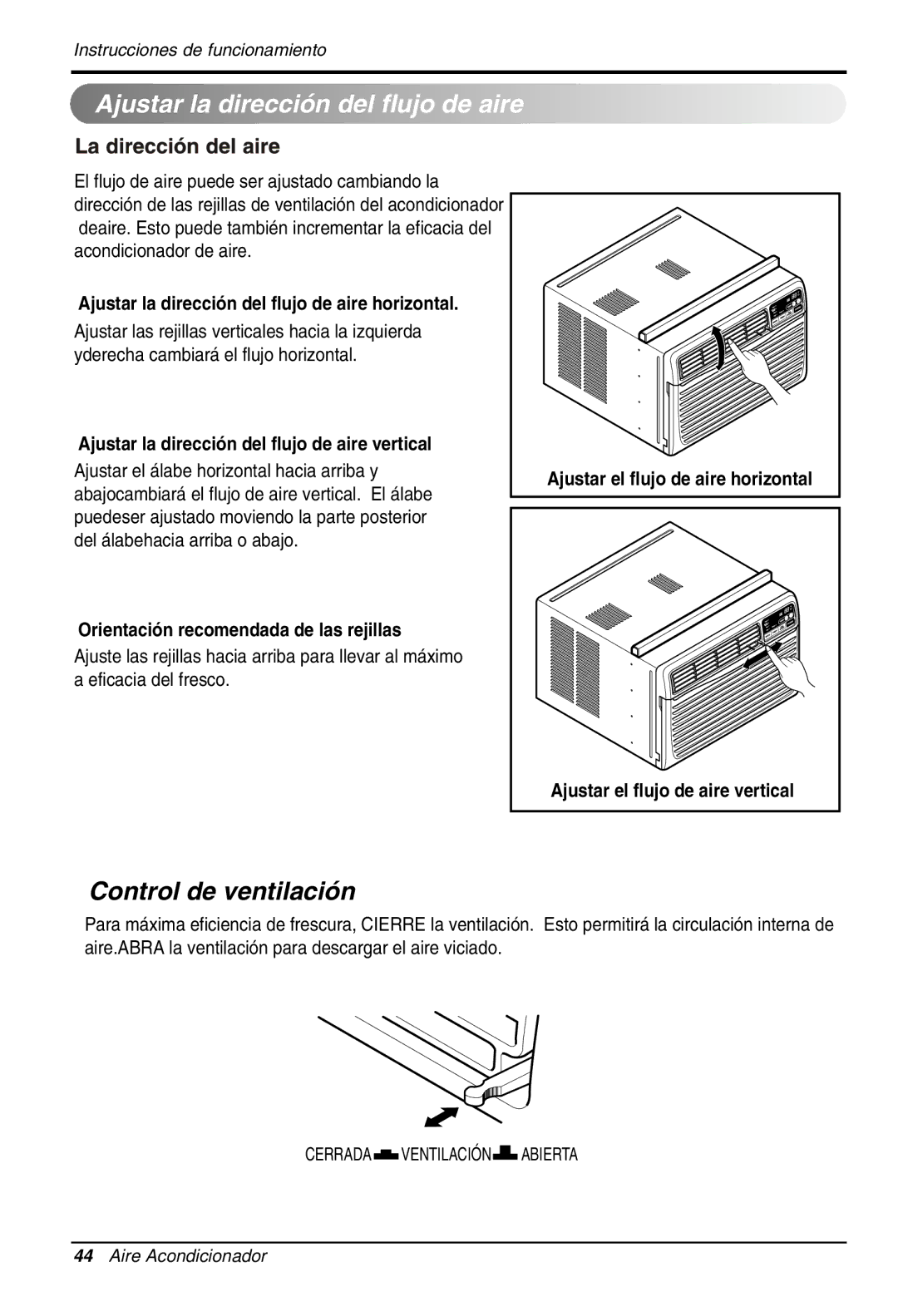 LG Electronics LWHD1200R Ajustar la dirección del flujo de aire horizontal, Orientación recomendada de las rejillas 