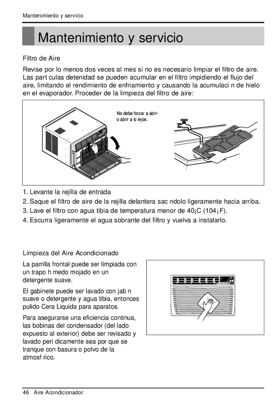 LG Electronics LWHD1200R owner manual Mantenimiento y servicio, Filtro de Aire, Limpieza del Aire Acondicionado 