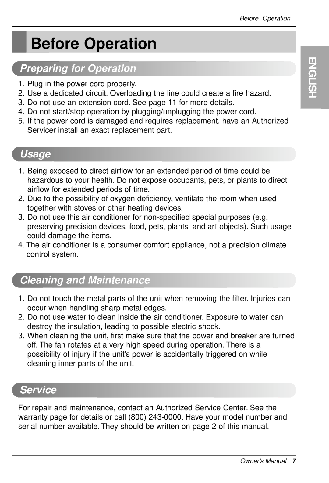 LG Electronics LWHD1200R owner manual Before Operation, Preparing for Operation, Usage, Cleaning and Maintenance, Service 