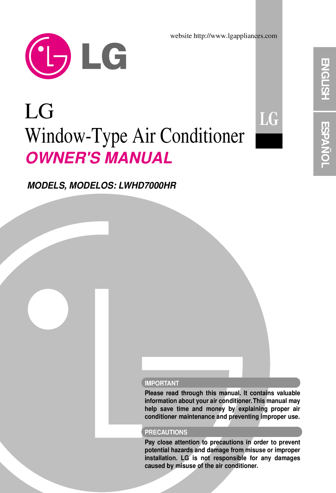 LG Electronics LWHD7000HR owner manual Lglg Window-Type Air Conditioner 