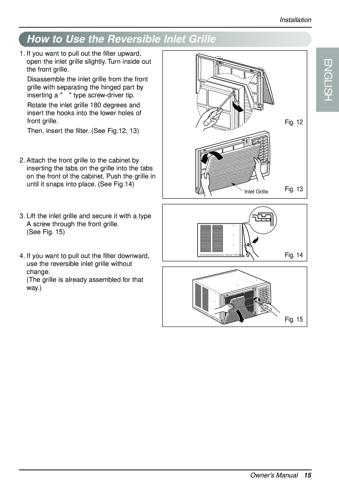 LG Electronics LWHD7000HR owner manual How to Use the Reversible Inlet Grille 