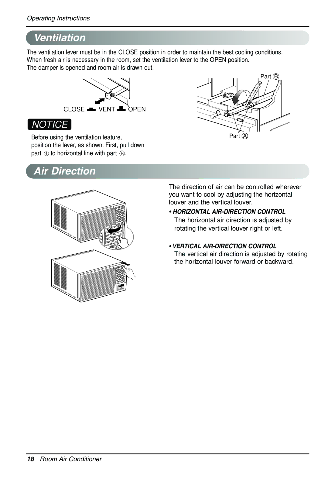 LG Electronics LWHD7000HR owner manual Ventilation, Air Direction, Damper is opened and room air is drawn out 