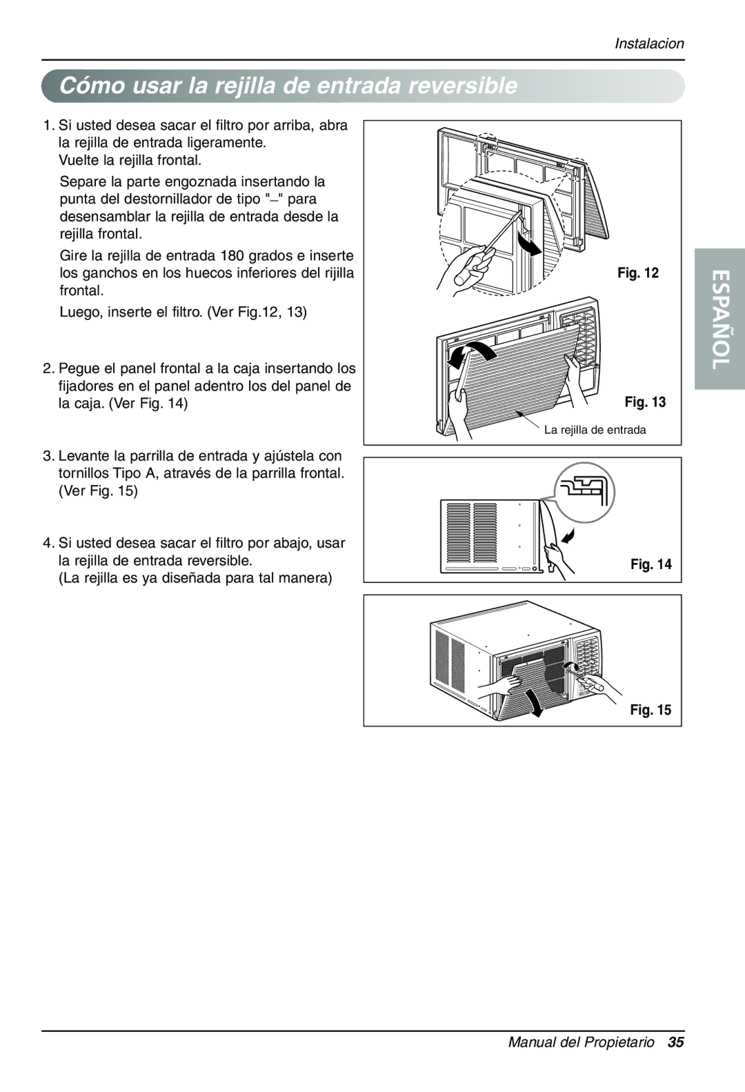 LG Electronics LWHD7000HR owner manual Cómo usar la rejilla de entrada reversible 