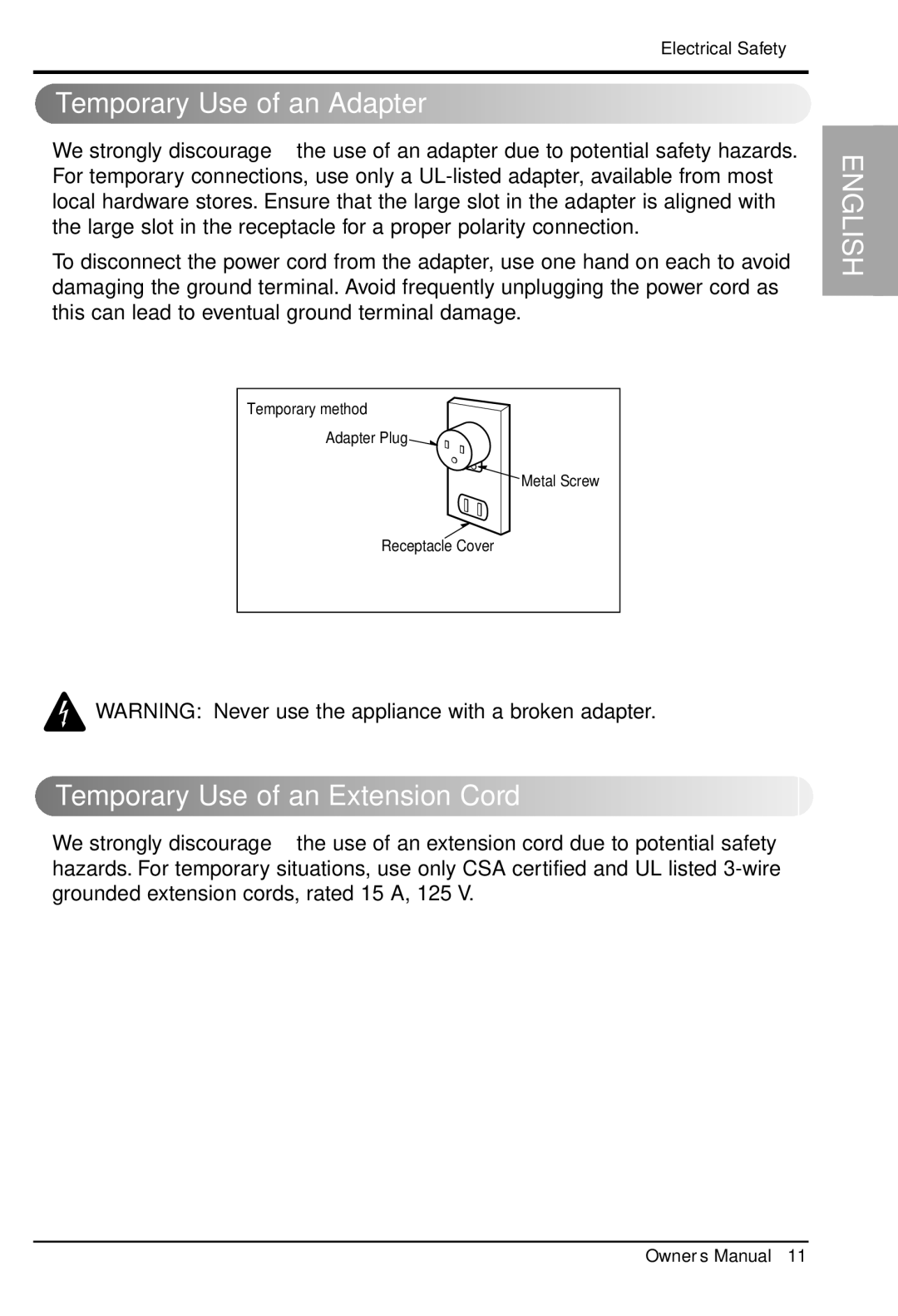 LG Electronics LWHD8000R manual Temporary Use of an Adapter, Temporary Use of an Extension Cord 