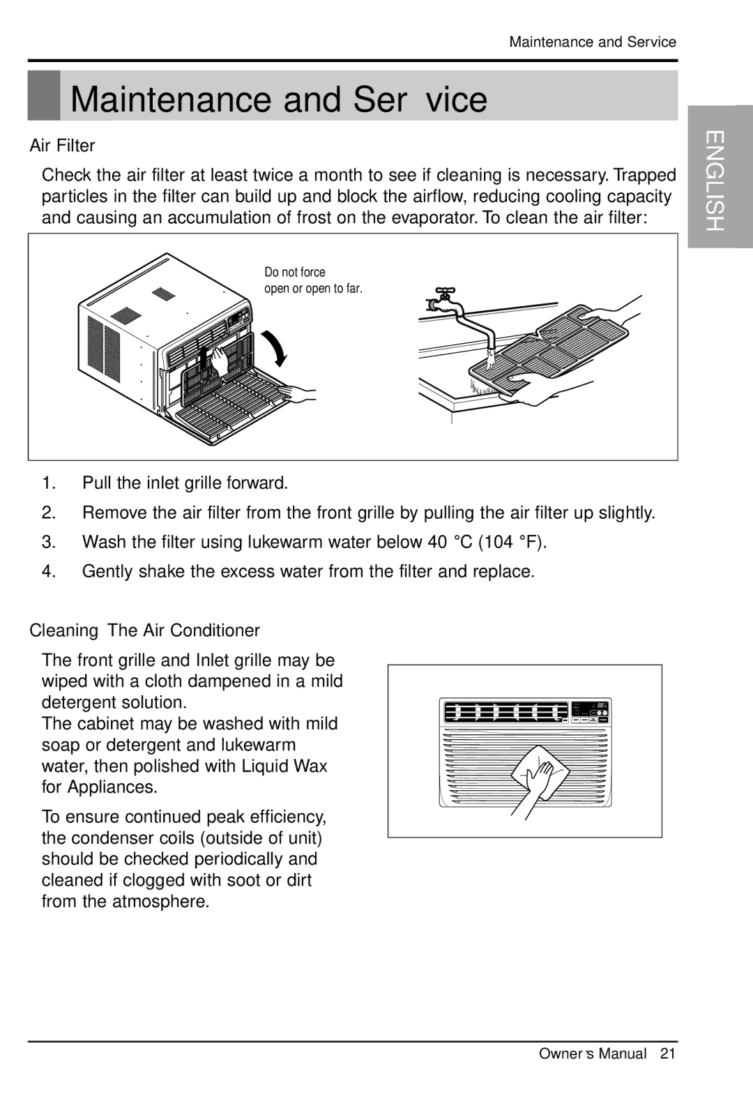 LG Electronics LWHD8000R manual Maintenance and Service, Air Filter, Cleaning The Air Conditioner 