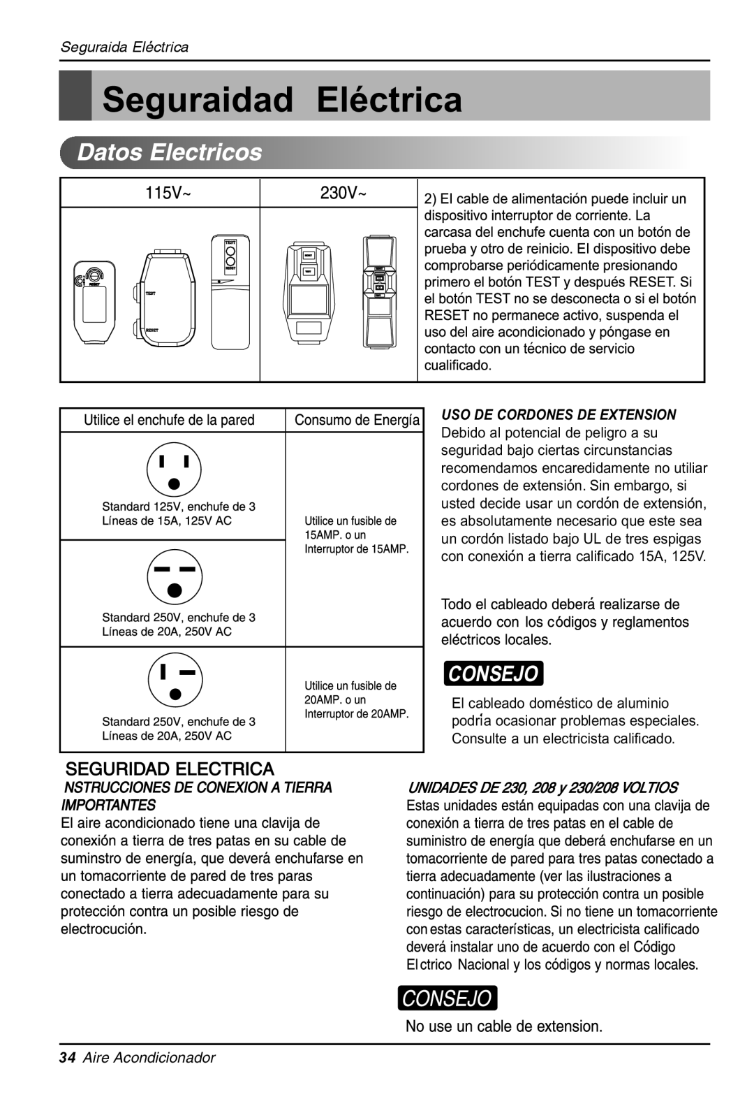 LG Electronics LWHD8000R manual Seguraidad Electrica, Consejo 