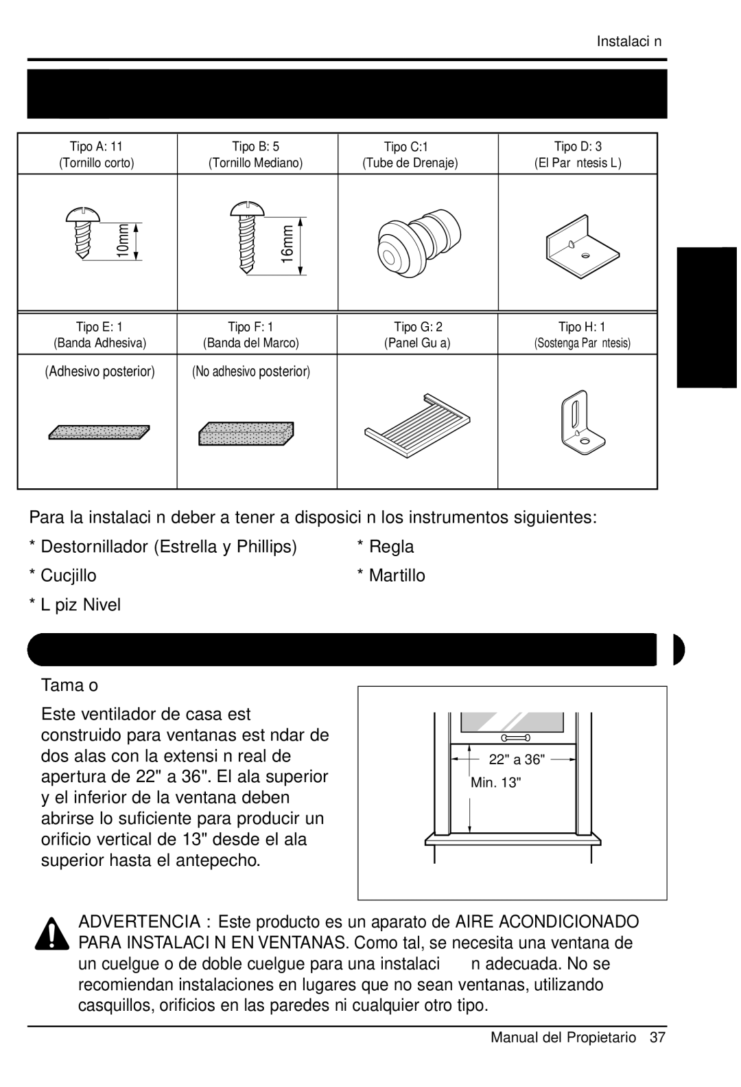 LG Electronics LWHD8000R manual Requerimientos de Ventana, Tamaño 