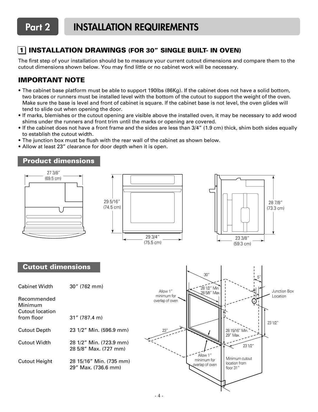 LG Electronics LWS3081ST, LWD3081ST Part 2 Installation Requirements, Installation Drawings for 30 Single BUILT- in Oven 