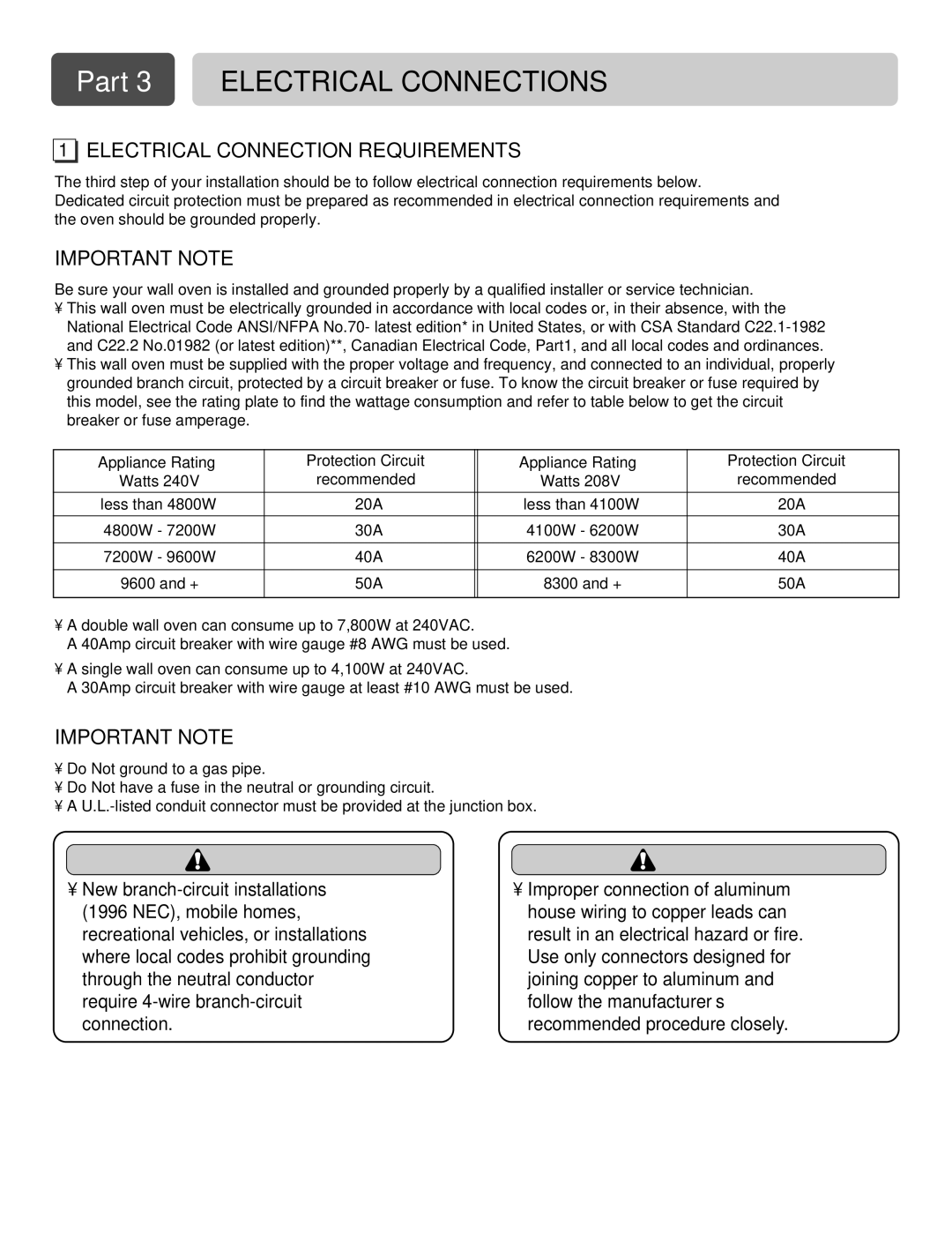 LG Electronics LWS3081ST, LWD3081ST, LWS3010ST, LWD3010ST Part 3 Electrical Connections, Electrical Connection Requirements 