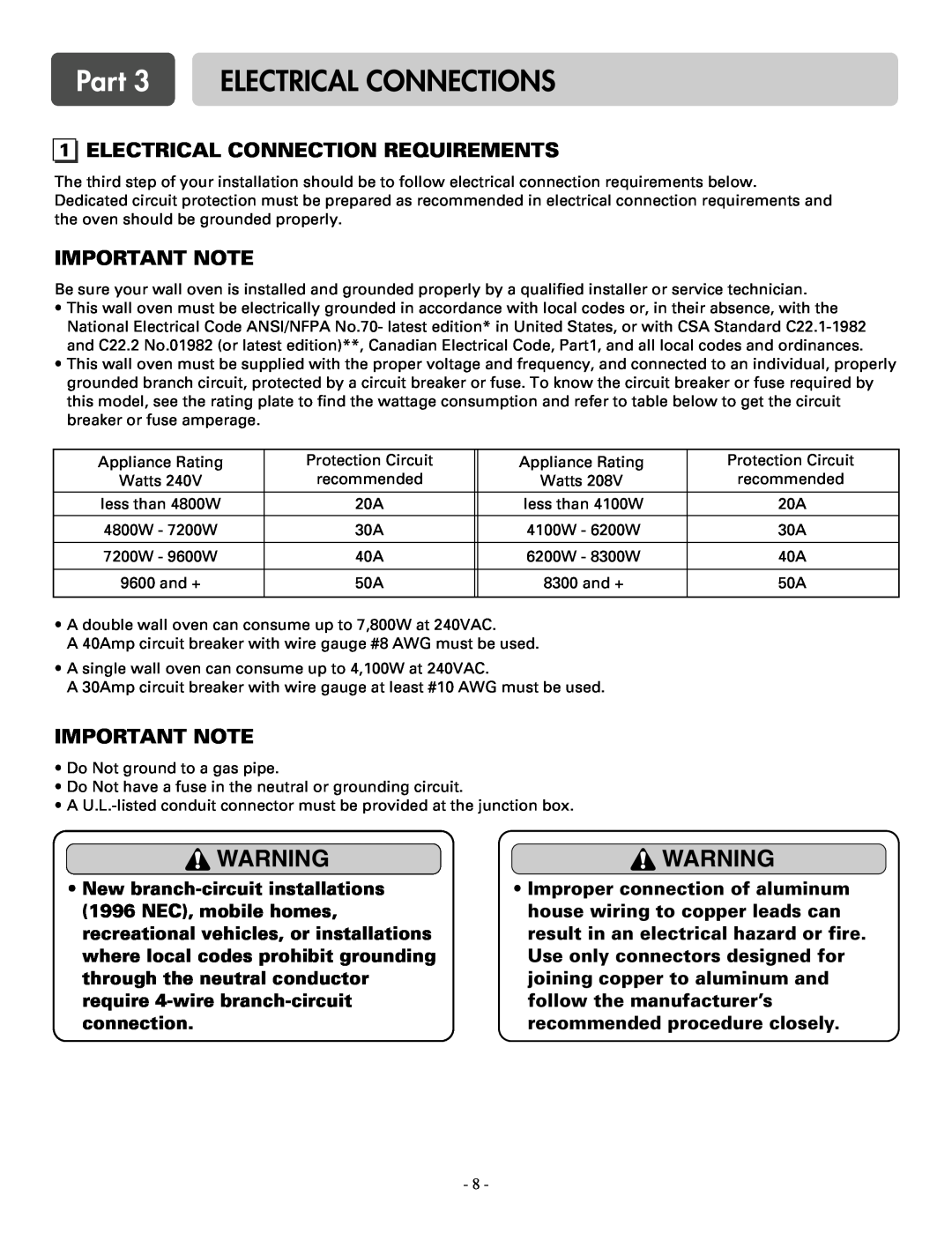 LG Electronics LWS3081ST, LWD3081ST Part 3 ELECTRICAL CONNECTIONS, Electrical Connection Requirements, Important Note 