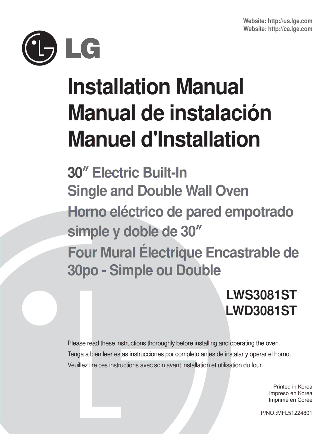 LG Electronics LWD3081ST, LWS3081ST installation manual Electric Built-In 