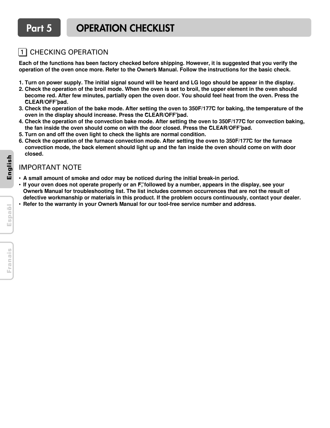 LG Electronics LWS3081ST, LWD3081ST installation manual Part 5 Operation Checklist, Checking Operation 