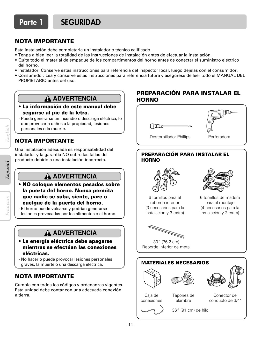 LG Electronics LWS3081ST, LWD3081ST installation manual Nota Importante, Preparación Para Instalar EL 