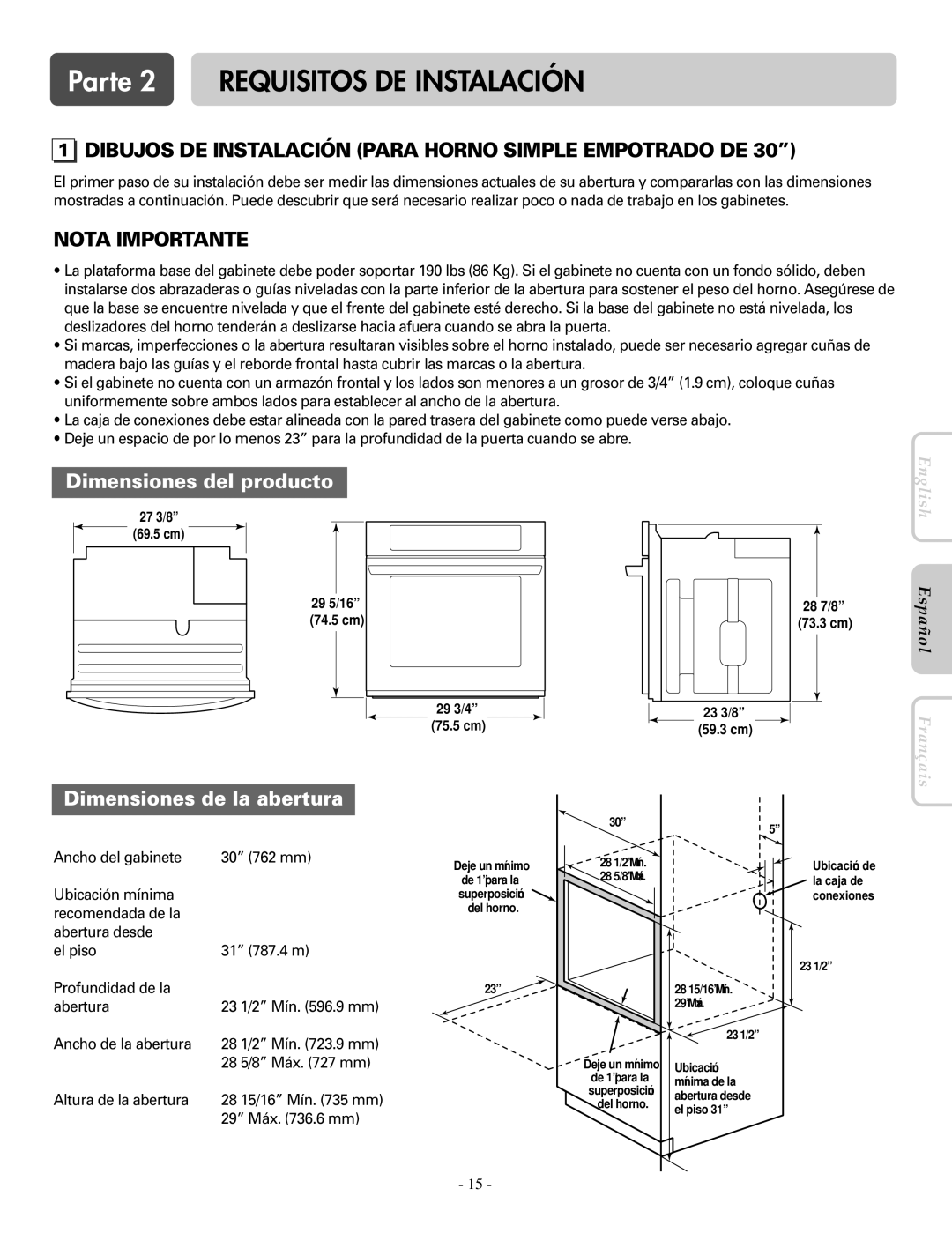 LG Electronics LWD3081ST Parte 2 Requisitos DE Instalación, Dibujos DE Instalación Para Horno Simple Empotrado DE 