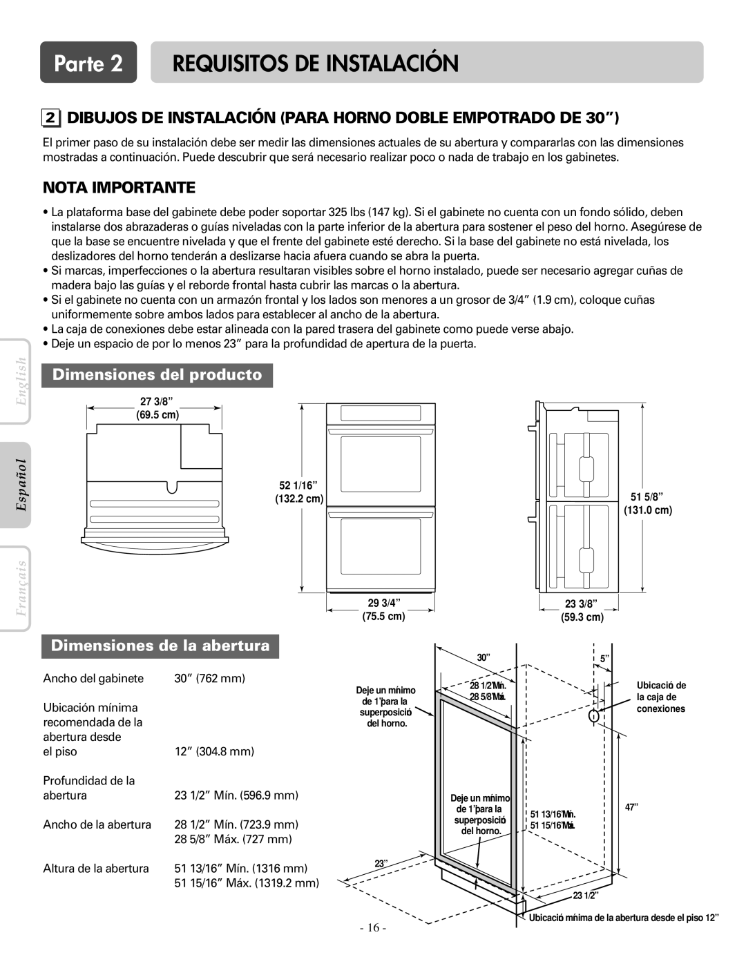 LG Electronics LWS3081ST, LWD3081ST Dibujos DE Instalación Para Horno Doble Empotrado DE, 15/16 Máx .2 mm 