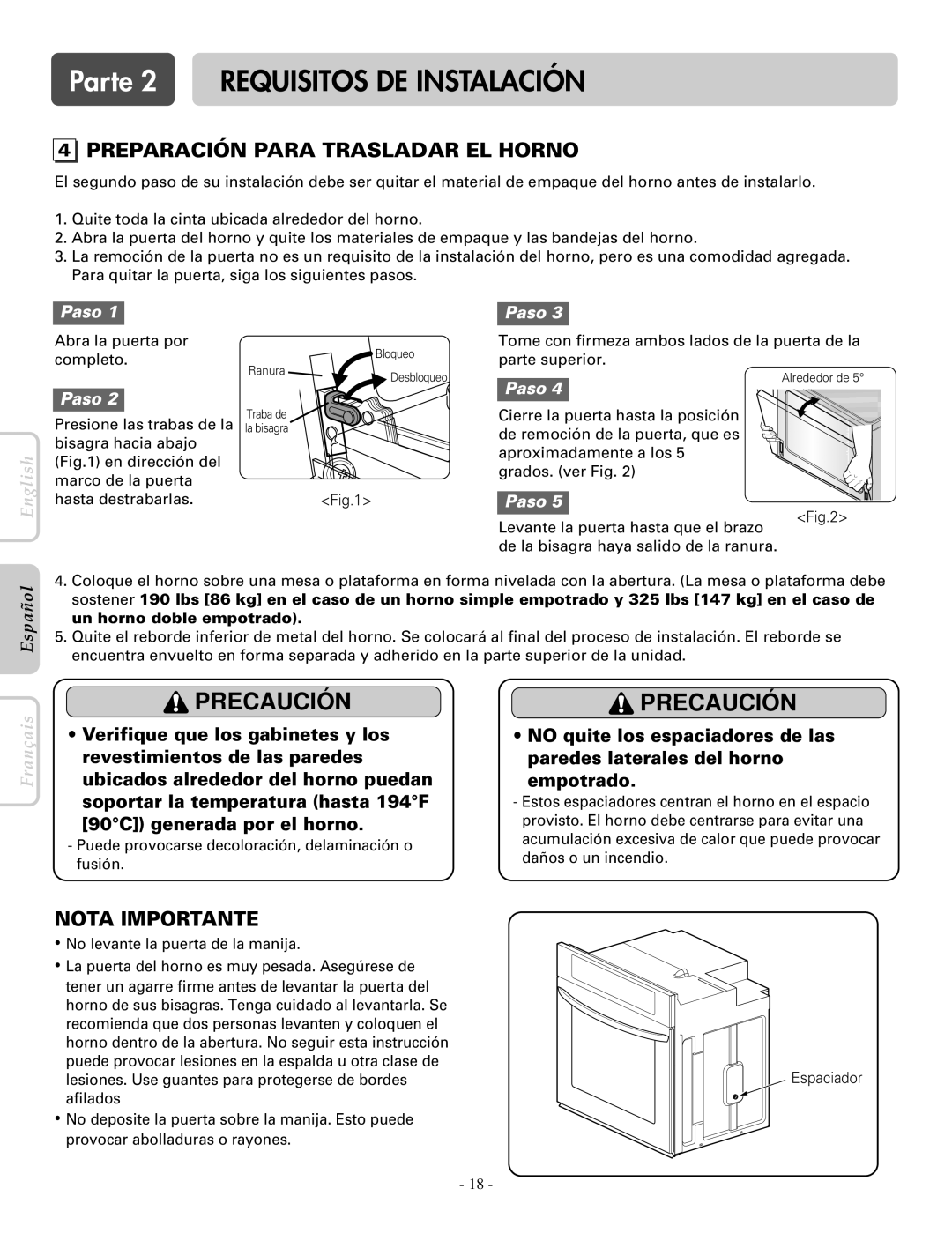 LG Electronics LWS3081ST, LWD3081ST installation manual Preparación Para Trasladar EL Horno 