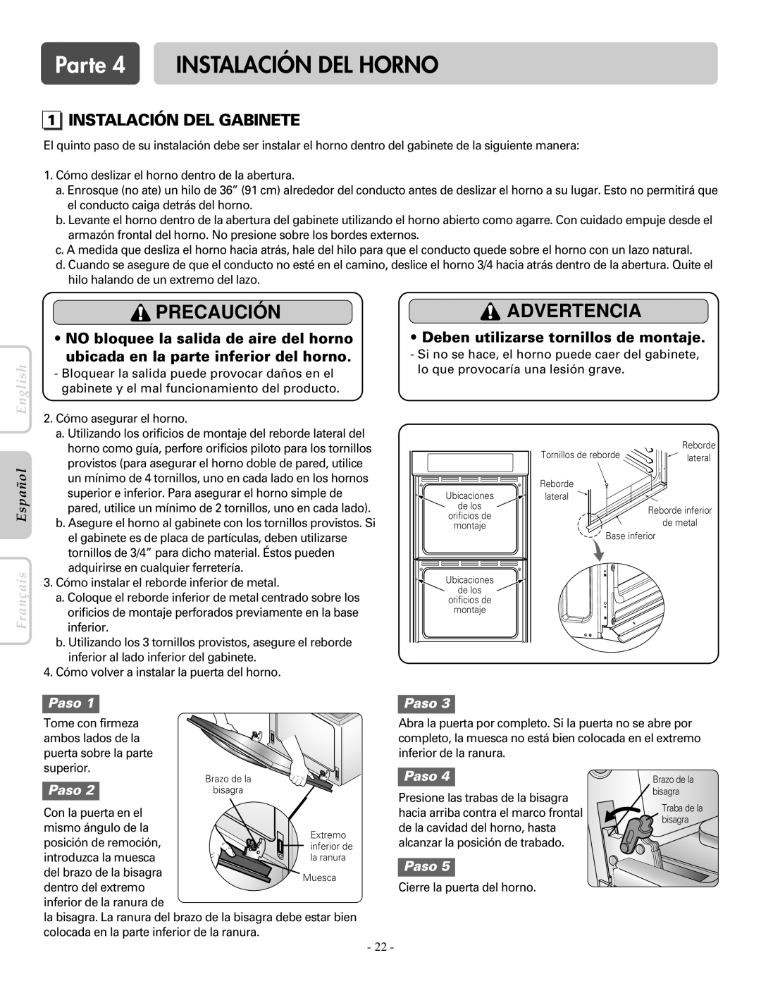 LG Electronics LWS3081ST, LWD3081ST installation manual Parte 4 Instalación DEL Horno, Instalación DEL Gabinete 