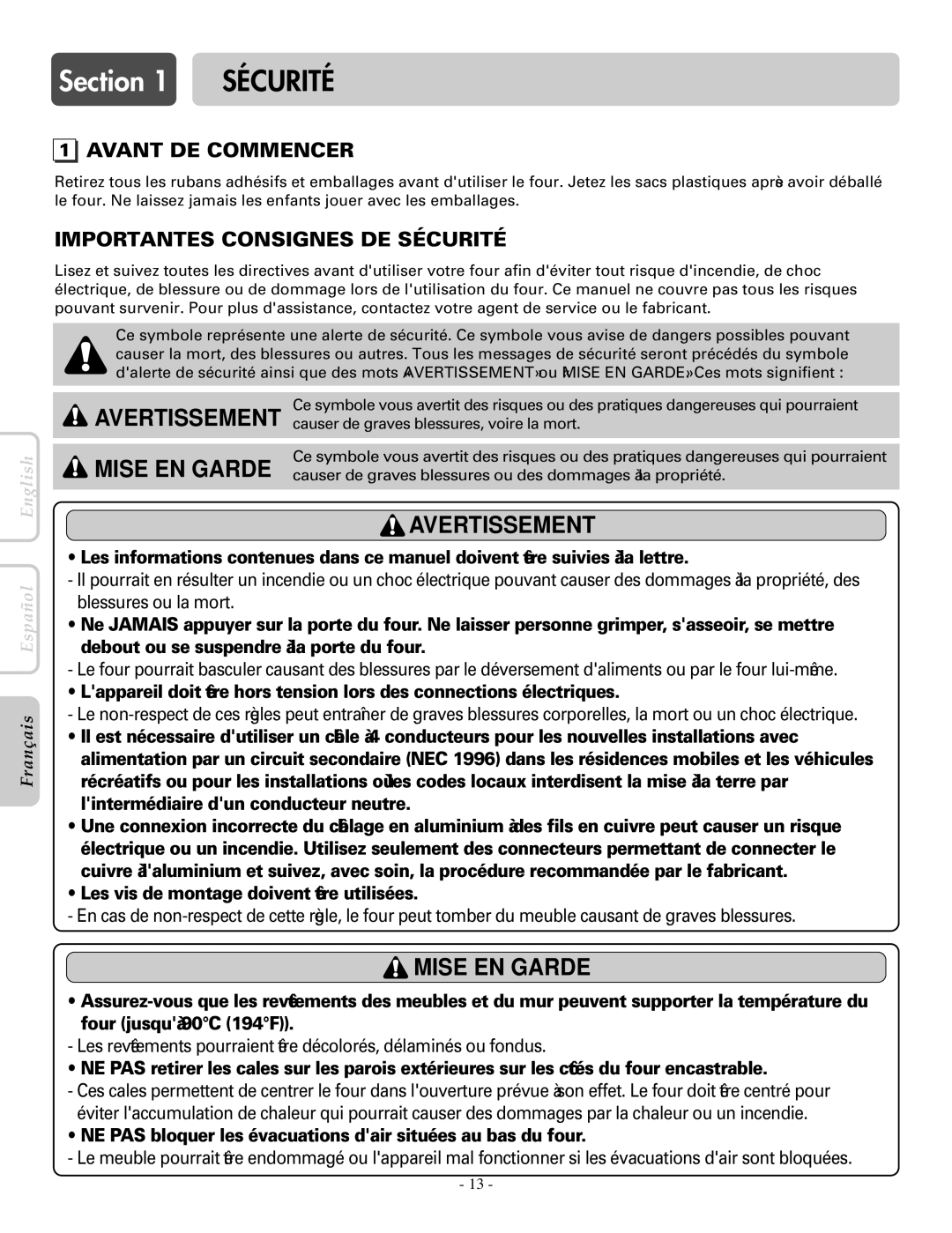 LG Electronics LWS3081ST, LWD3081ST installation manual Avant DE Commencer, Importantes Consignes DE Sécurité 