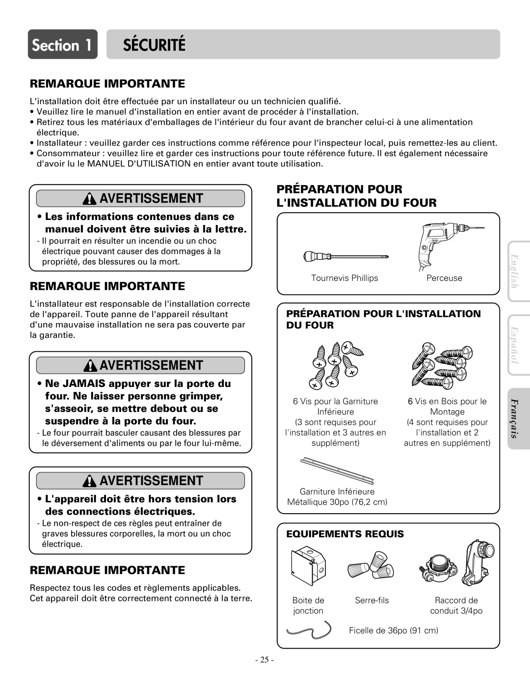 LG Electronics LWD3081ST, LWS3081ST installation manual Remarque Importante, Préparation Pour, Linstallation DU Four 