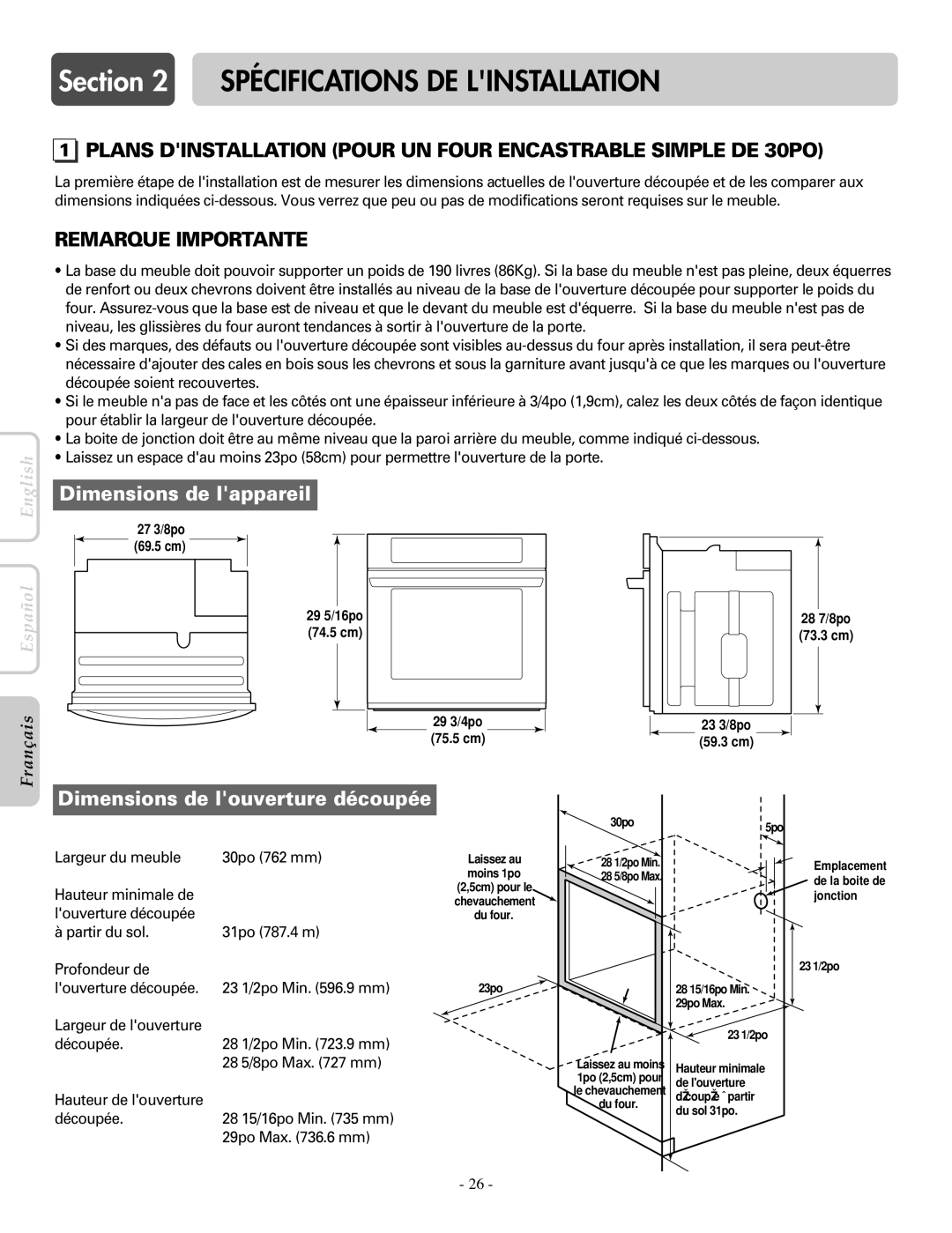 LG Electronics LWS3081ST Spécifications DE Linstallation, Plans Dinstallation Pour UN Four Encastrable Simple DE 30PO 