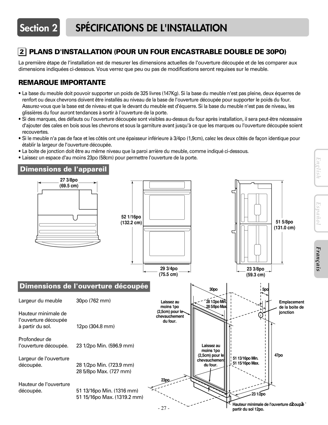 LG Electronics LWD3081ST, LWS3081ST installation manual Plans Dinstallation Pour UN Four Encastrable Double DE 30PO 