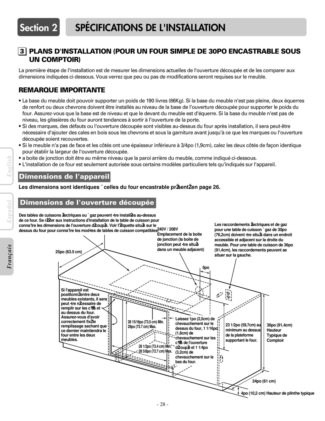 LG Electronics LWS3081ST, LWD3081ST installation manual Emplacement de la boite 