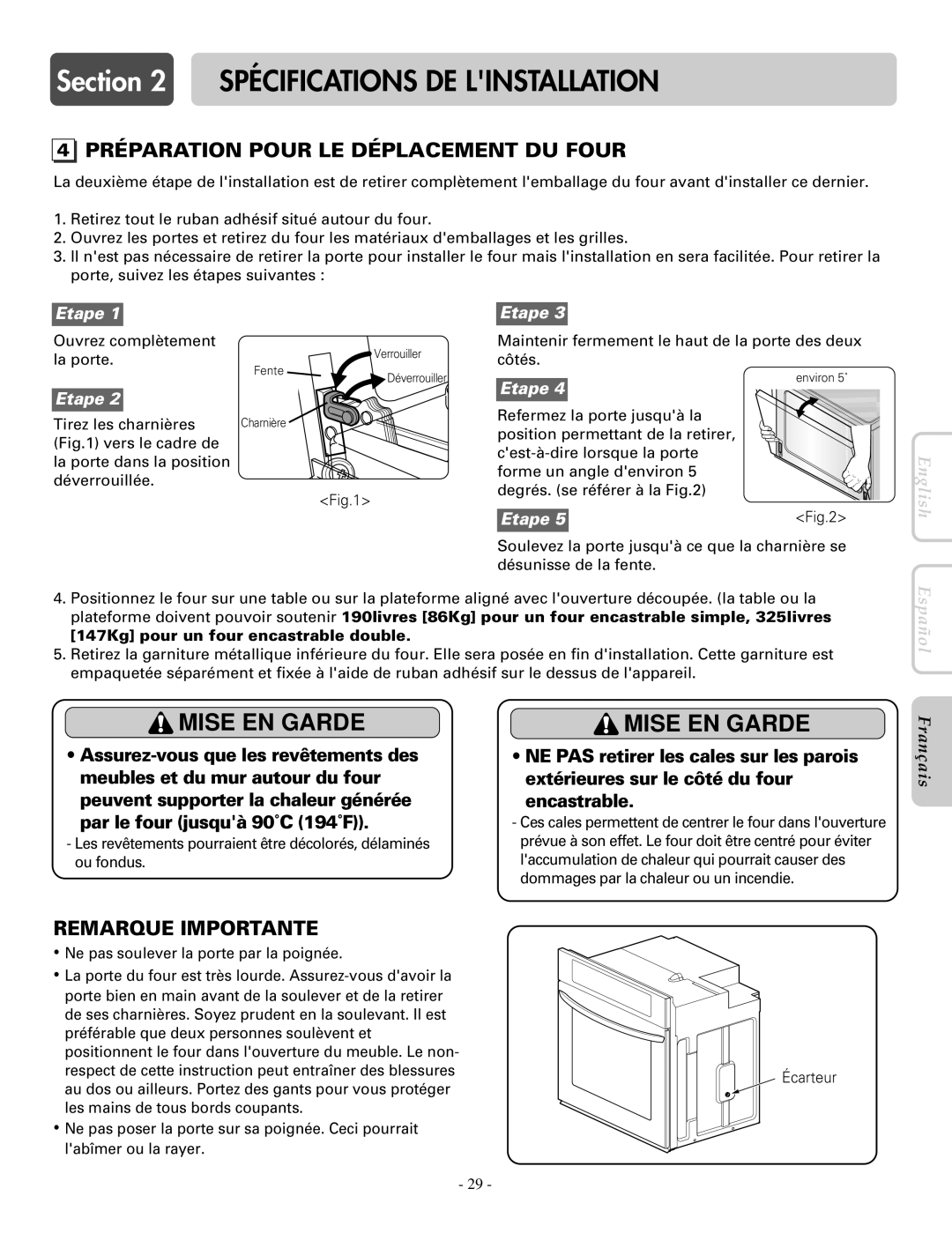 LG Electronics LWD3081ST, LWS3081ST installation manual Préparation Pour LE Déplacement DU Four 