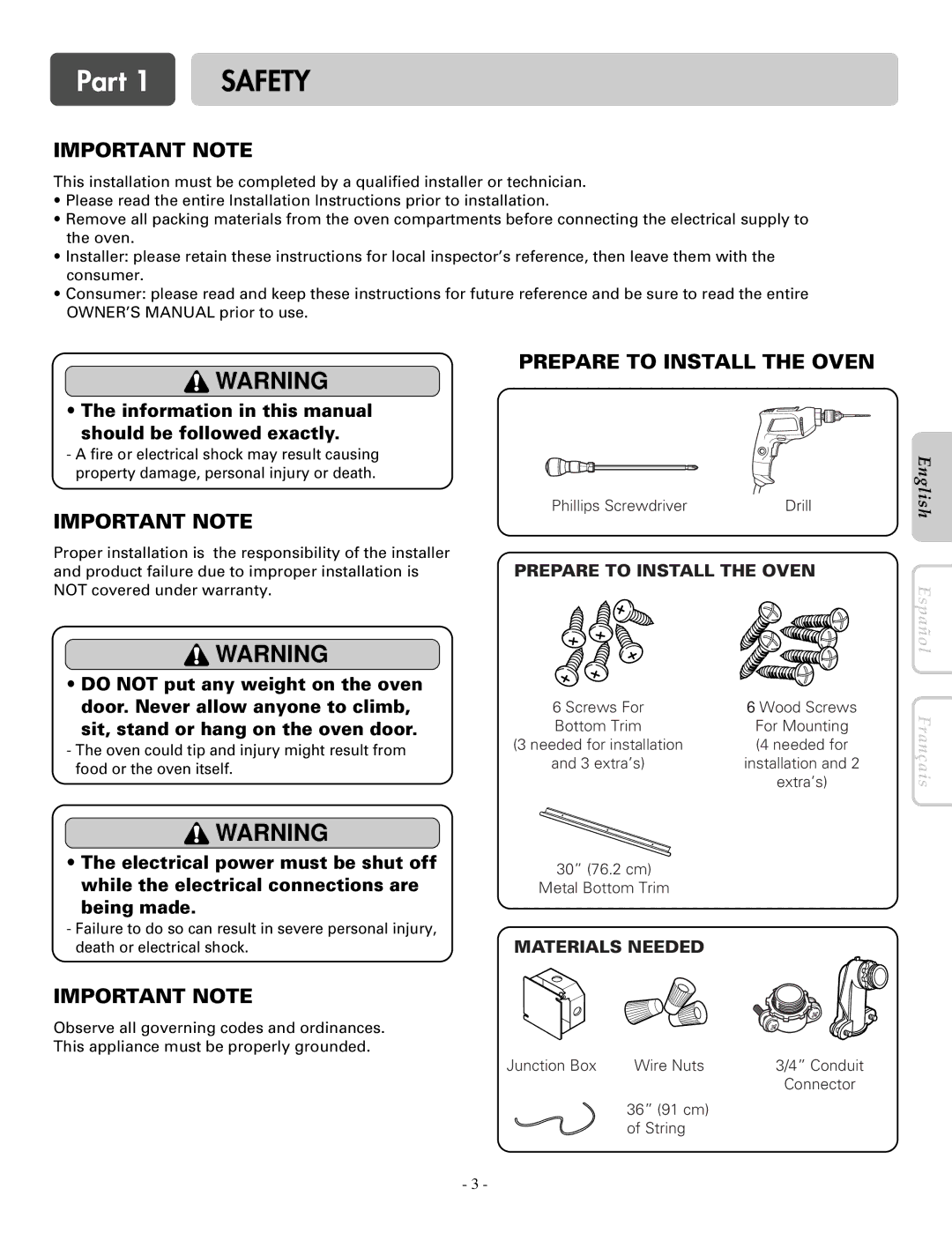 LG Electronics LWD3081ST, LWS3081ST installation manual Important Note, Prepare to Install the Oven 