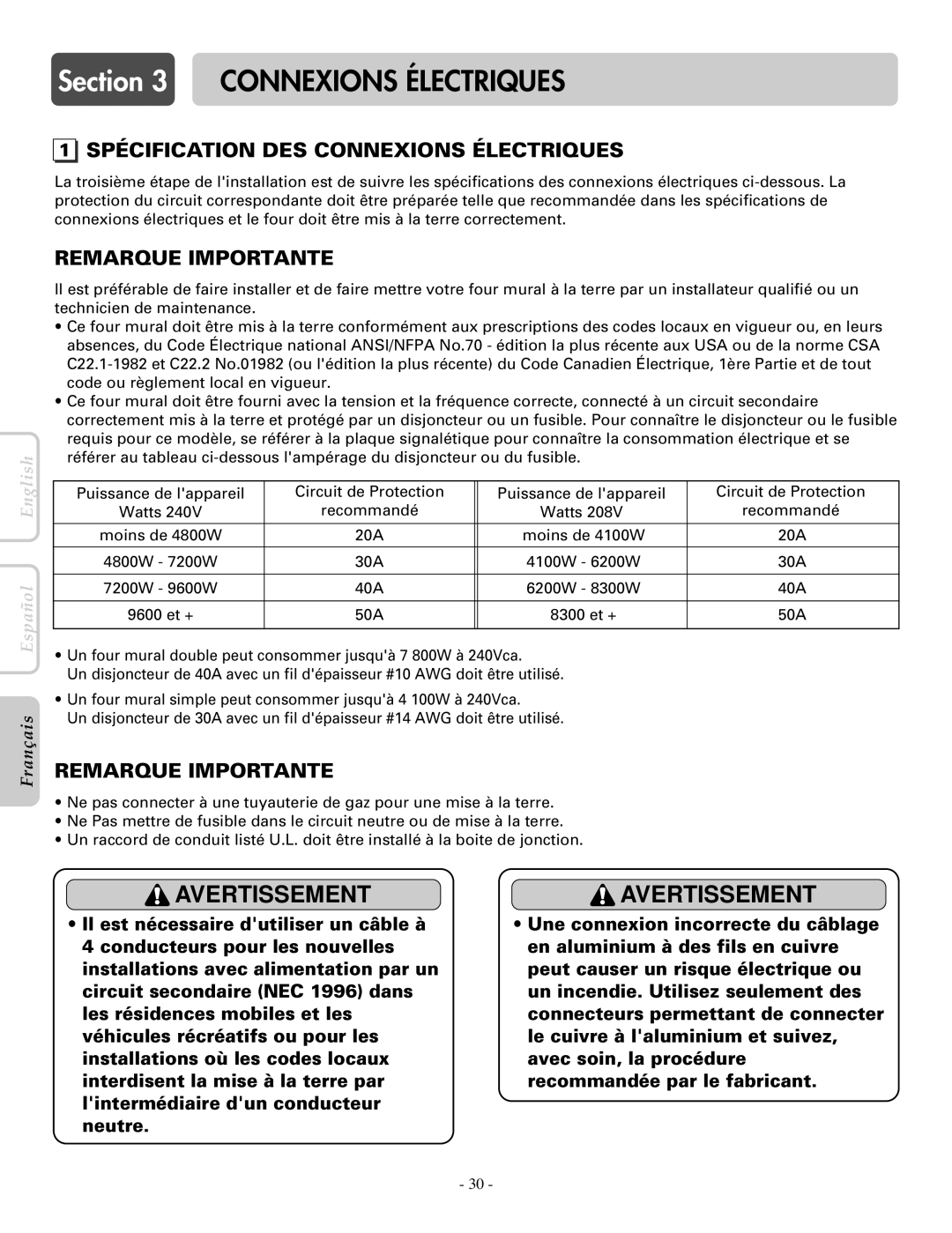 LG Electronics LWS3081ST, LWD3081ST installation manual Spécification DES Connexions Électriques 