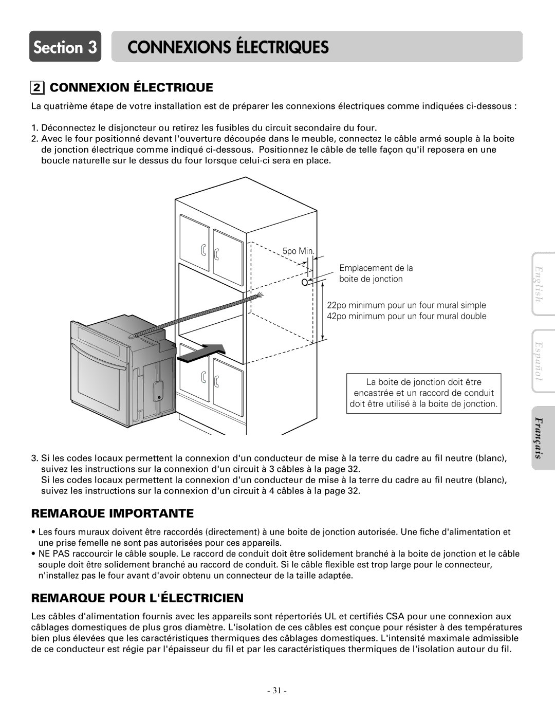 LG Electronics LWD3081ST, LWS3081ST installation manual Connexion Électrique, Remarque Pour Lélectricien 