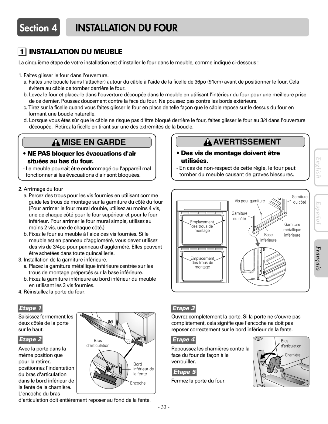 LG Electronics LWD3081ST, LWS3081ST installation manual Installation DU Four, Installation DU Meuble 