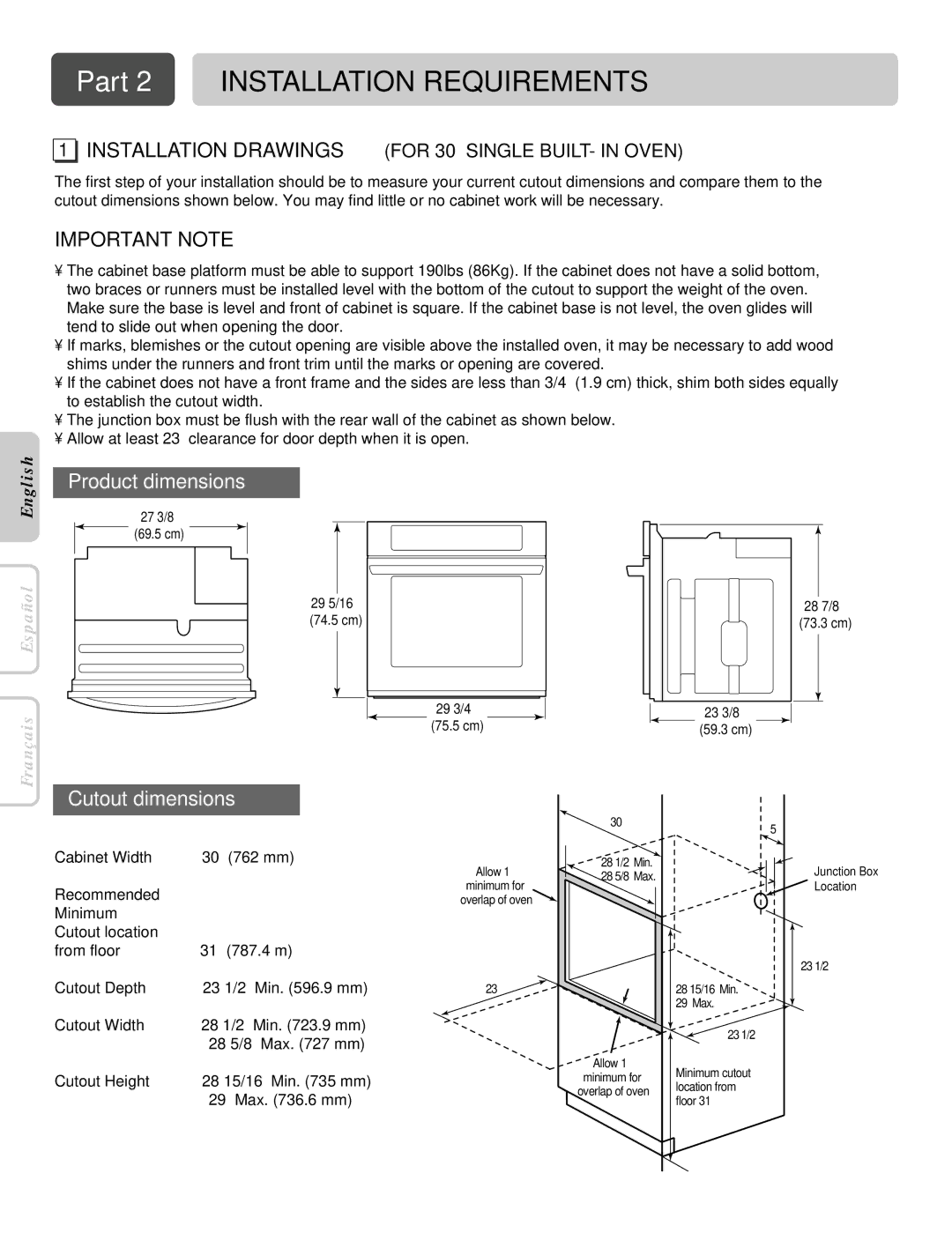 LG Electronics LWS3081ST, LWD3081ST Part 2 Installation Requirements, Installation Drawings for 30 Single BUILT- in Oven 