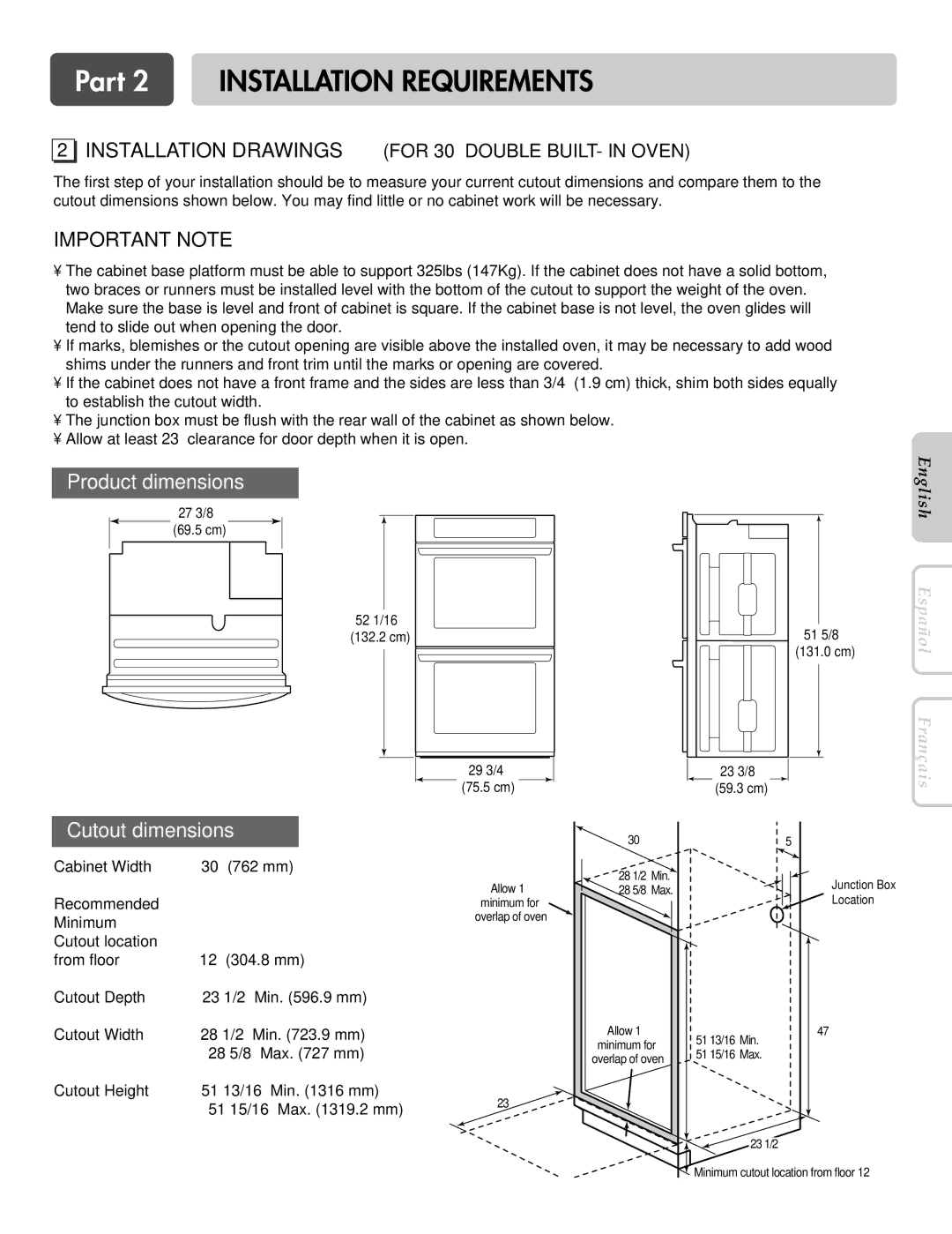 LG Electronics LWD3081ST, LWS3081ST installation manual Installation Drawings for 30 Double BUILT- in Oven 