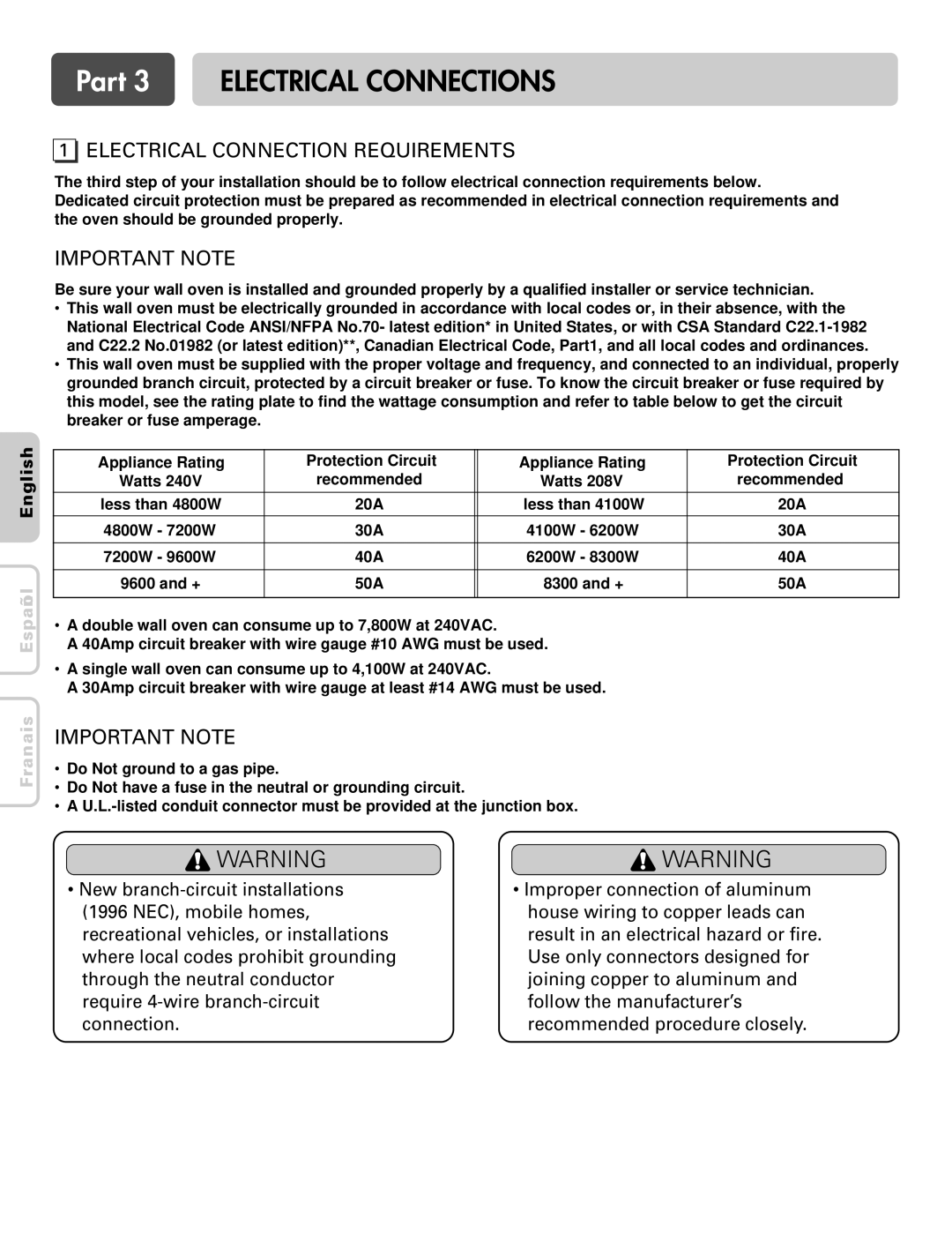 LG Electronics LWS3081ST, LWD3081ST installation manual Part 3 Electrical Connections, Electrical Connection Requirements 