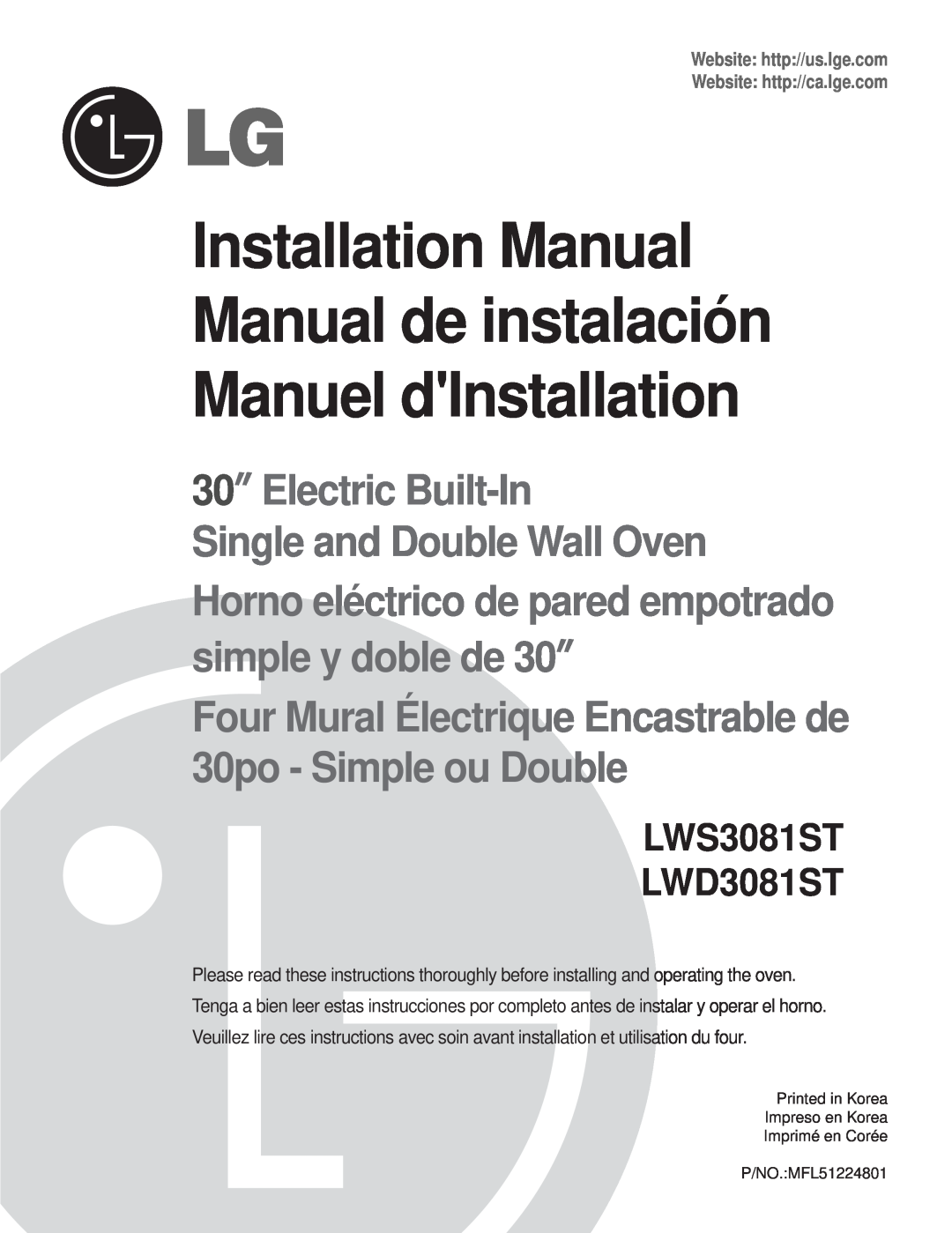 LG Electronics LWD3081ST installation manual English Español Français, Electric Convection Built-Inoven, MFL51224801 